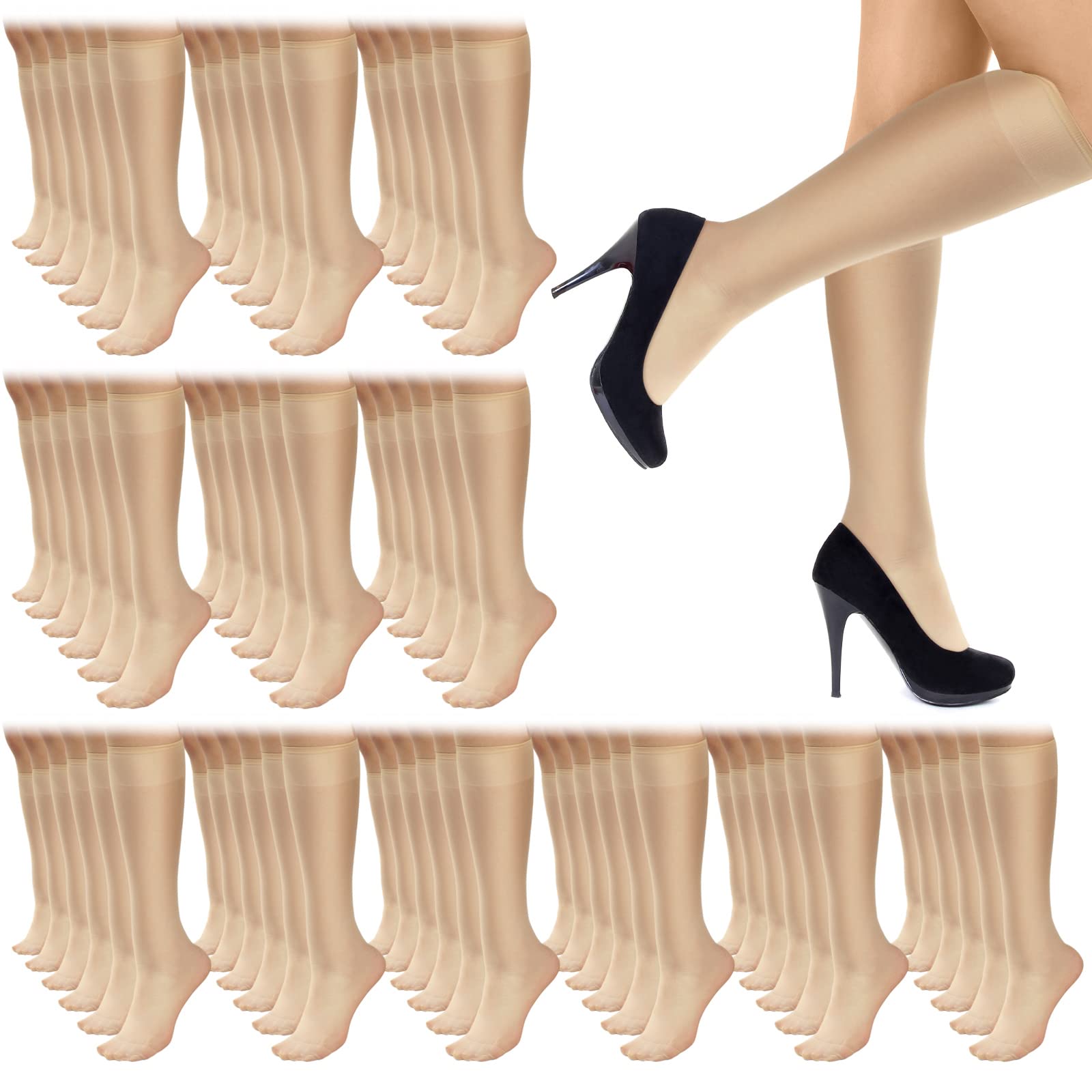 50 Pairs Women's Nylon Sheer Knee High Stockings - Reinforced Toe & Compression Stretch Socks for Everyday Wear, Work & Fashion Outfits