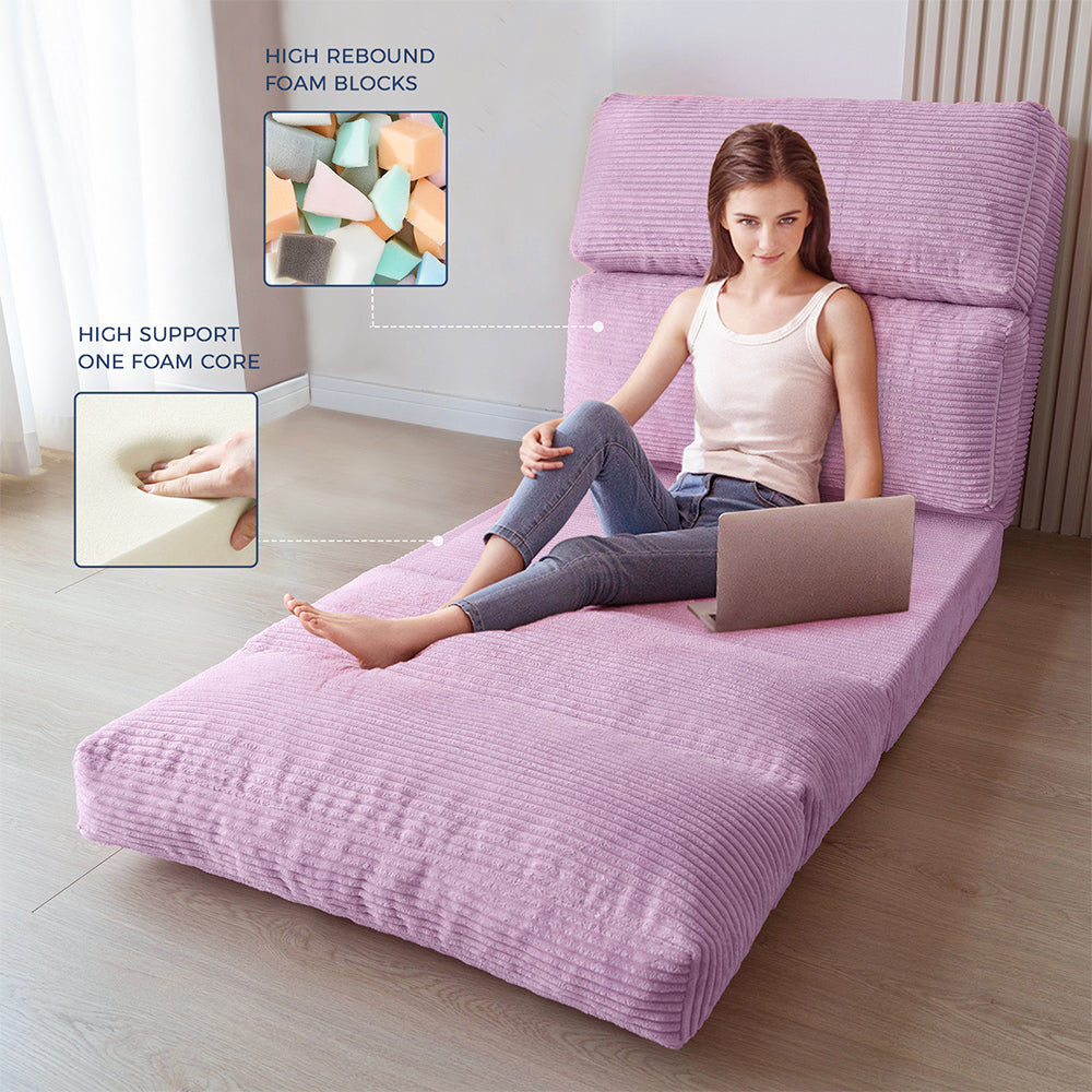 MAXYOYO Corduroy Bean Bag Folding Sofa Bed - Extra Wide Foldable Floor Mattress in Purple | Perfect for Living Room Lounging, Guest Bed & Dorm Room Comfort