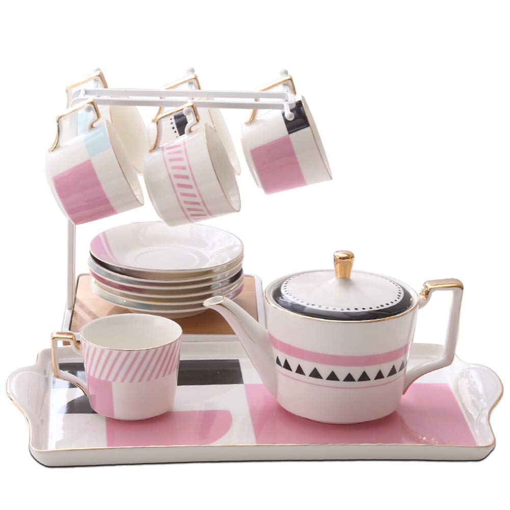 Premium 6-Piece Ceramic Coffee Mug & Tea Set with Teapot & Strainer - 6.8oz Porcelain Cups & Saucers for Tea, Coffee & Afternoon Tea Parties - Perfect for Home, Office & Gifting (Assorted Designs)