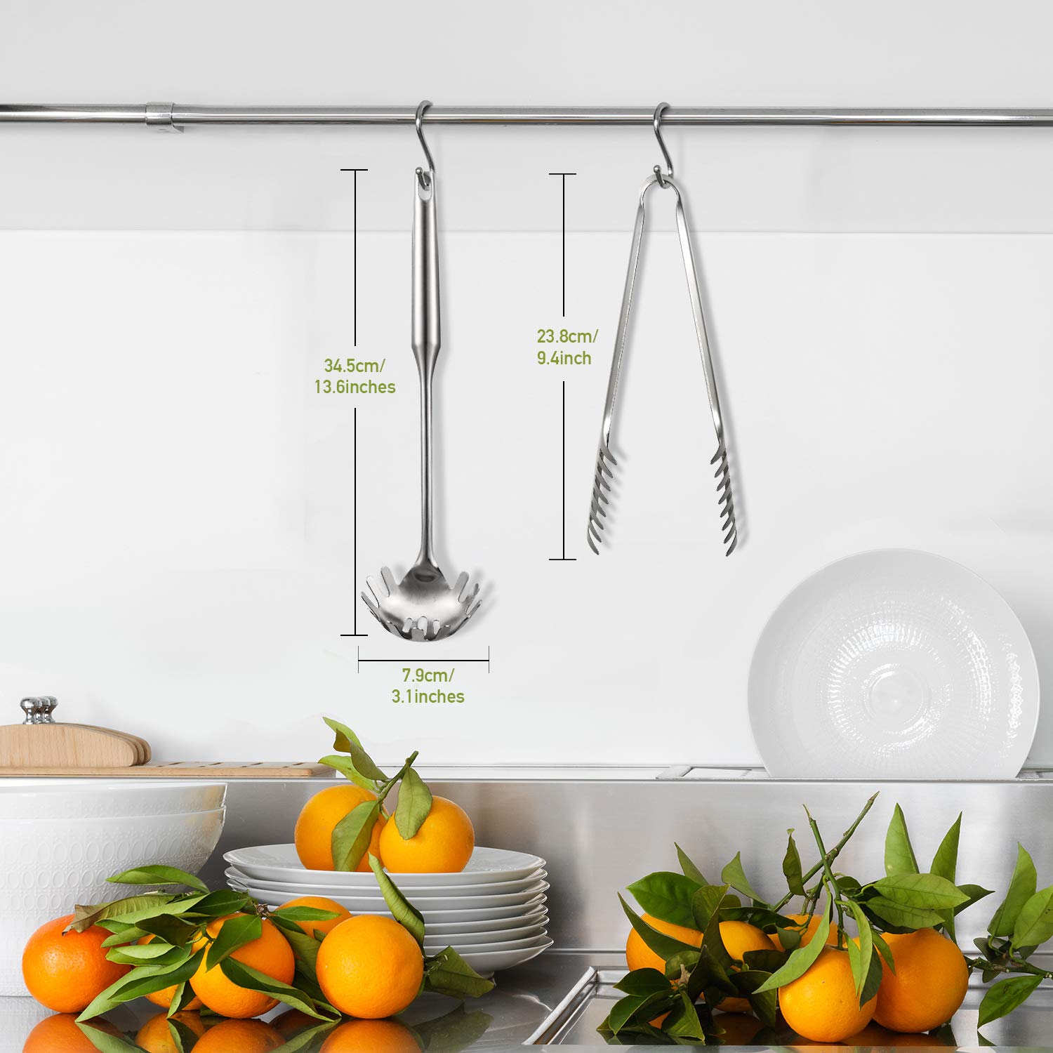 Patelai 2-Piece Stainless Steel Pasta Spoon Set - 9.4'' Slotted Spoon & 13.6'' Pasta Fork with Ergonomic Vacuum Handle - Premium Kitchen Utensils for Spaghetti, Lasagna & Pasta Dishes - Perfect for Cooking, Serving & Entertaining (Silver)