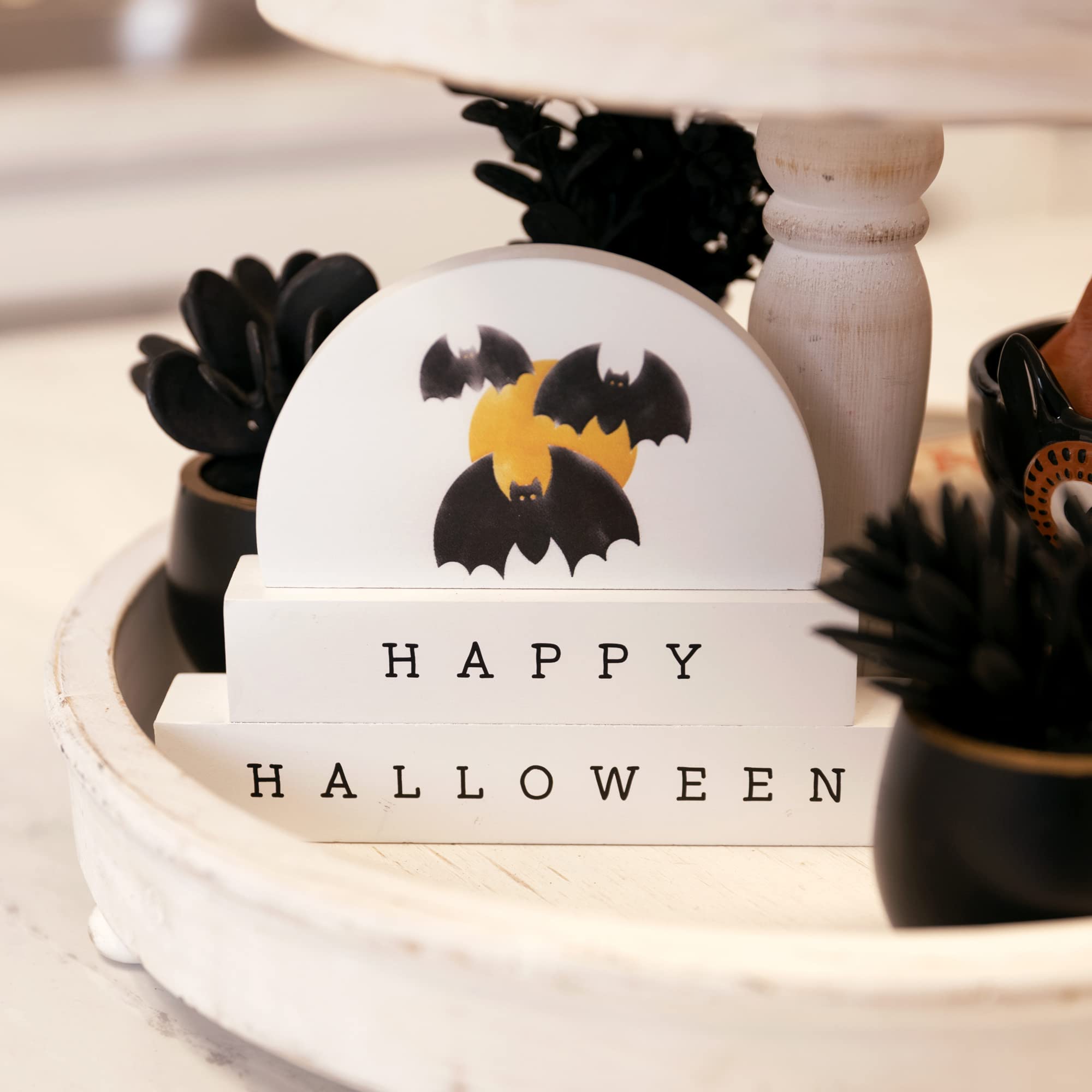 Stratton Home Decor Double-Sided Fall & Halloween Tabletop Decor - Rustic Wooden Centerpiece for Empty Tables - White Seasonal Home Decor (1.25”x7”x5.5”) - Perfect for Living Room, Dining Table, Mantel & Entryway Decorations