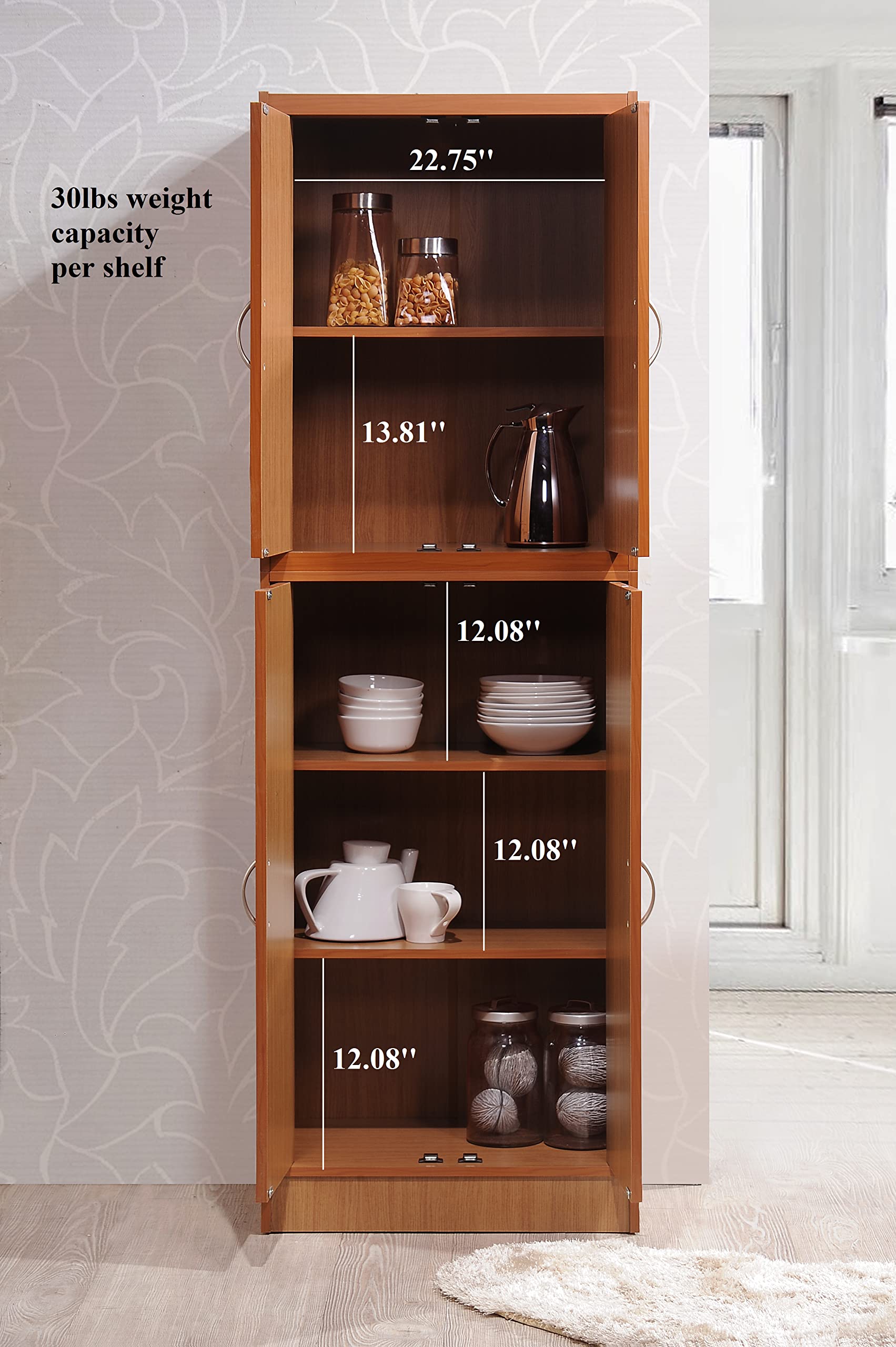 Hodedah 4-Door Kitchen Pantry Cabinet with 4 Adjustable Shelves, Cherry Finish - Perfect for Organizing Spices, Cookware & Dry Goods in Small Kitchens