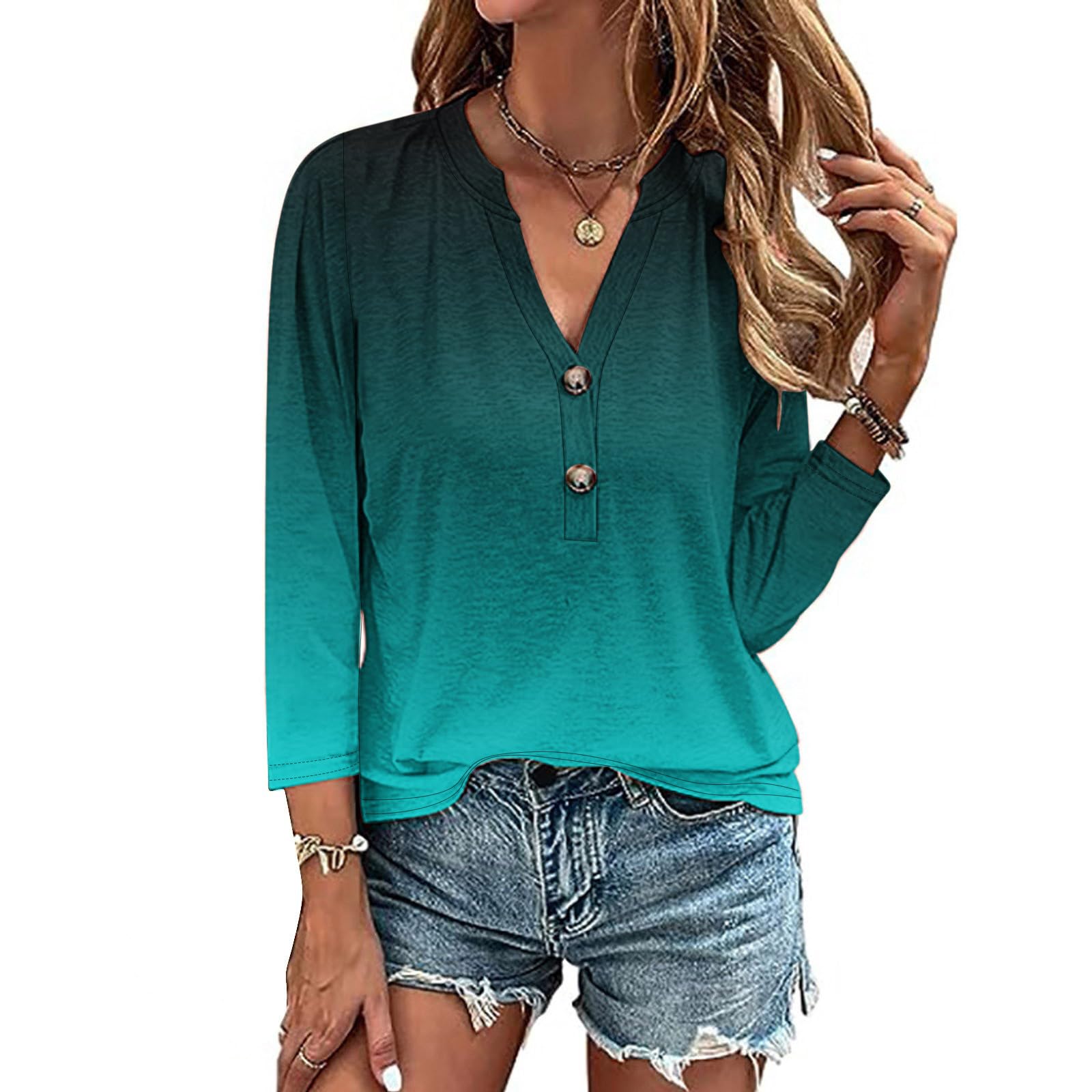 Trendy Women's 3/4 Sleeve V-Neck Button Up Tunic Blouse with Ombre Floral Print - Dressy Casual Tops for Work, Date Night & Everyday Wear