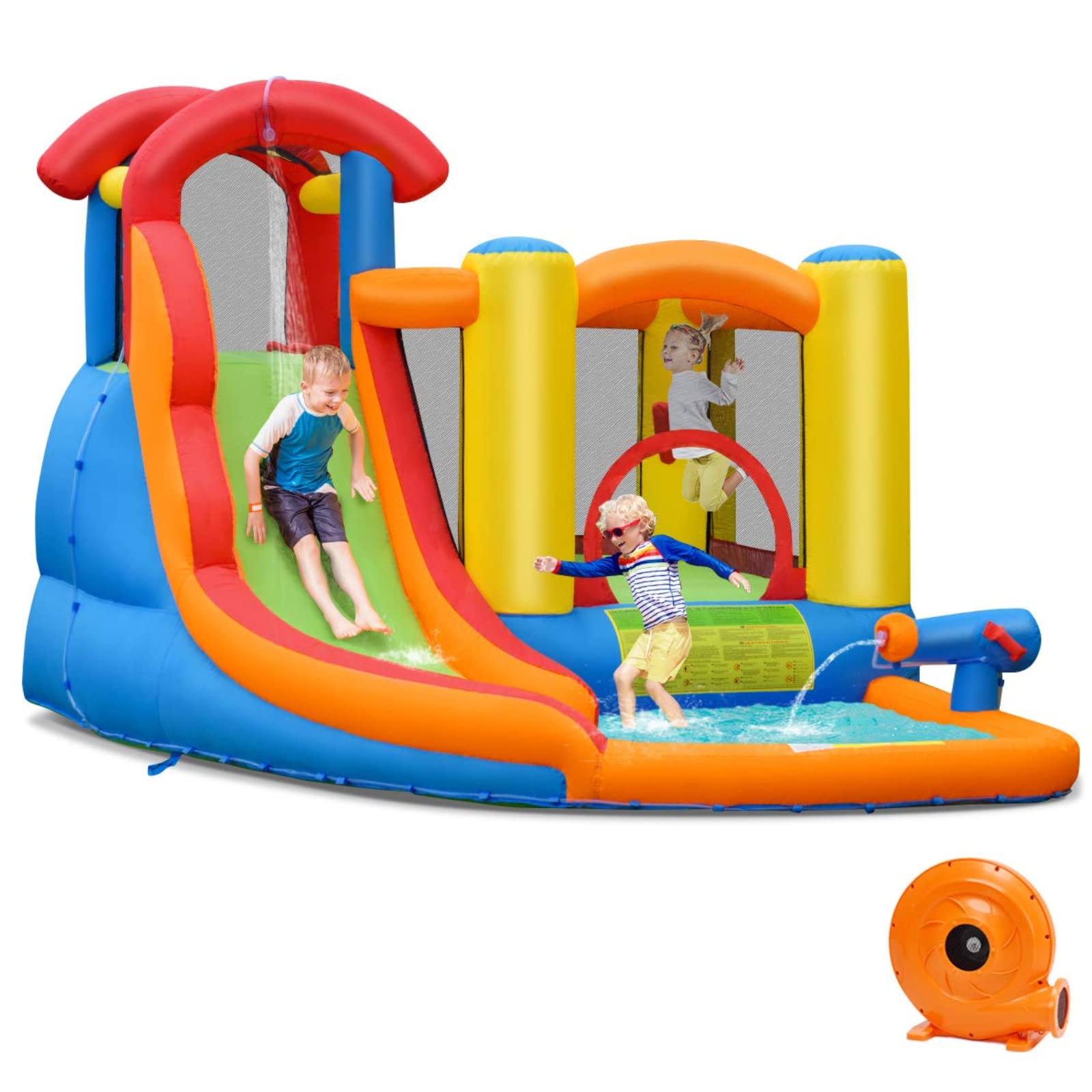 BOUNTECH 6-in-1 Inflatable Water Slide & Bounce House for Kids - 740W Blower, Splash Pool, Water Cannon - Outdoor Backyard Summer Party Toy for Toddlers Boys Girls - Perfect for Birthday Parties, Family Gatherings & Backyard Fun