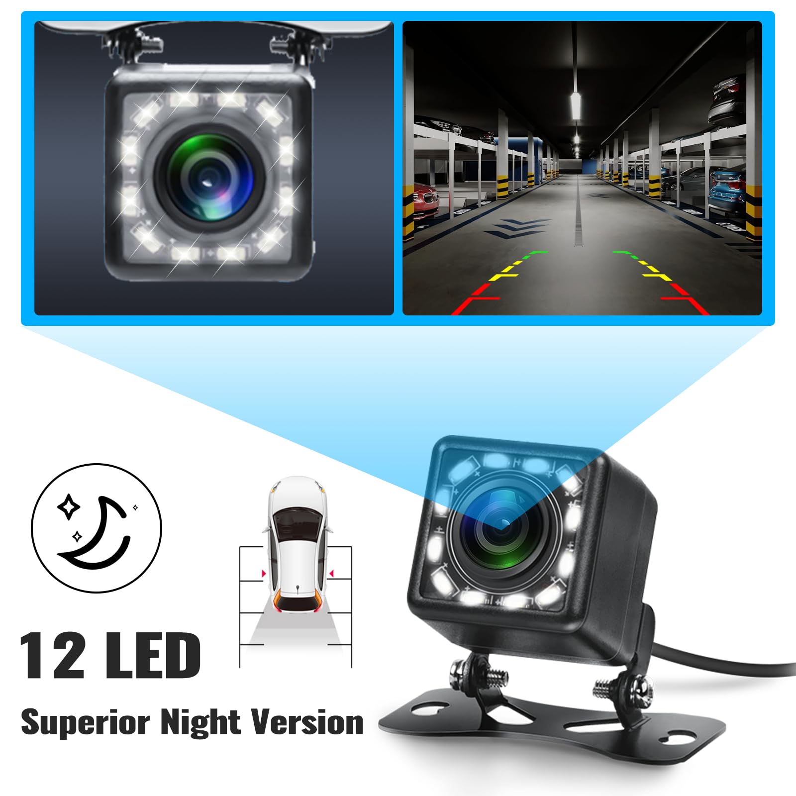 12-24V Car Backup Camera with 170° Wide Angle & 12 LED Night Vision - Waterproof Rear View Reverse Camera for Cars, SUVs, Trucks, RVs - Perfect for Safe Parking & Night Driving