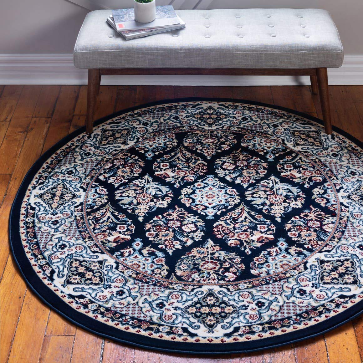 Unique Loom Narenj Collection Classic Traditional Textured Repeat Design 10' Round Area Rug in Navy Blue & Beige - Perfect for Living Room, Bedroom, or Dining Room Decor