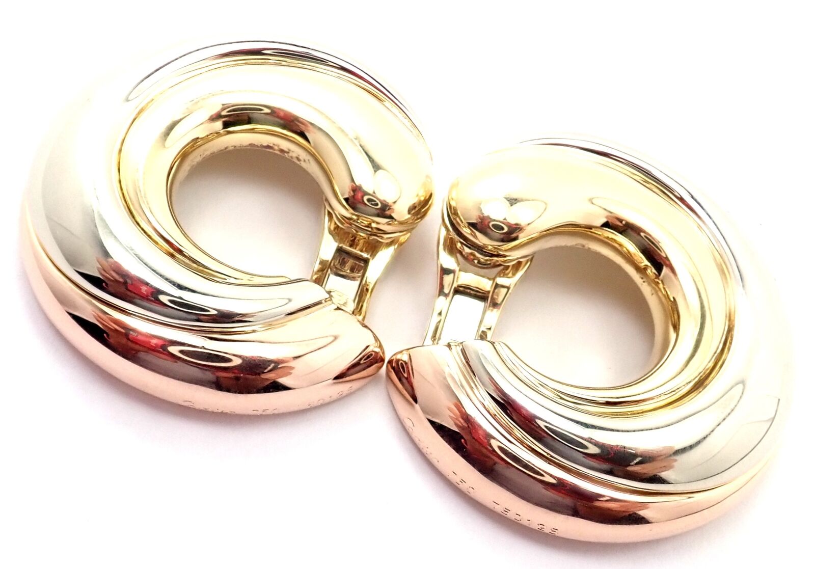 Authentic Cartier 18k Tri-Color Gold Large Trinity Swirl Hoop Earrings for Women | Luxury Jewelry Gift for Anniversary, Birthday & Special Occasions