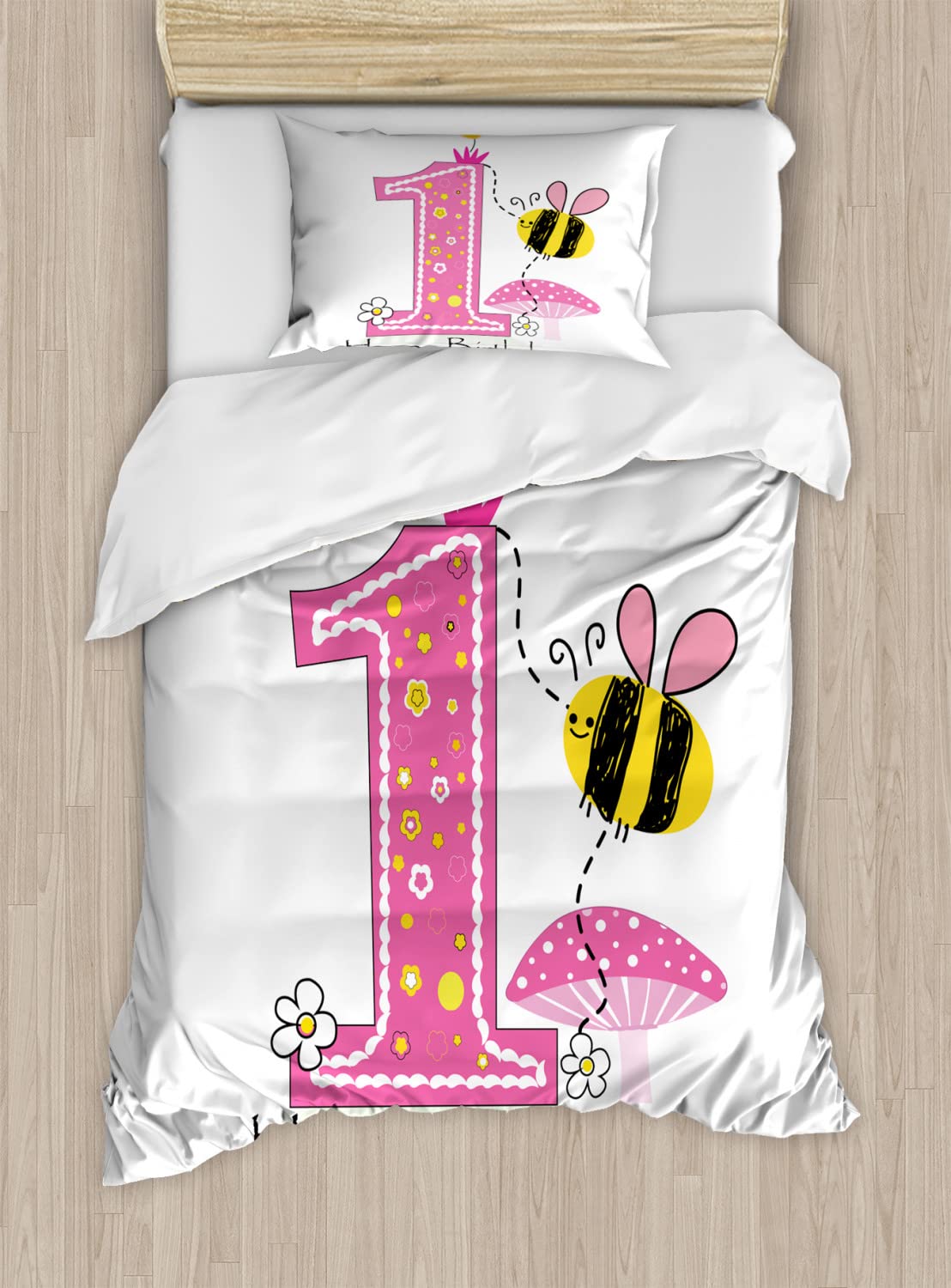 Ambesonne 1st Birthday Duvet Cover Set - Cartoon Bees Party Cake & Candle Print Twin Size 2-Pack (Pink, Black, Yellow) - Includes 2 Duvet Covers & 2 Pillowcases - Perfect for Kids' Birthday Decorations & Nursery Bedding