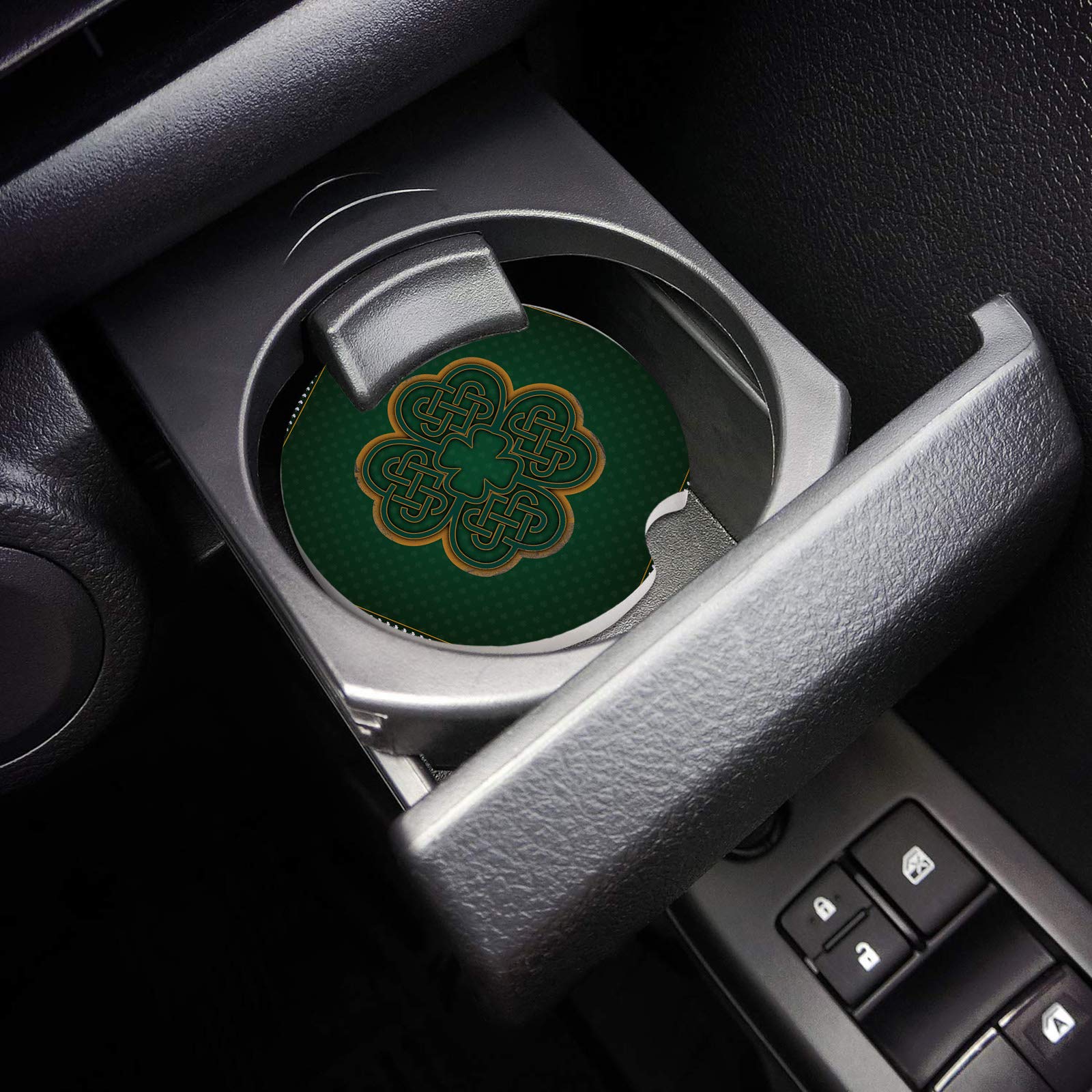 4Pcs Irish Celtic Knot Drink Coasters for Cars - Golden Clover Leaf Design, Absorbent Stone Cup Holders in Blackish Green | Perfect Car Accessories for Coffee, Soda & Beverage Protection