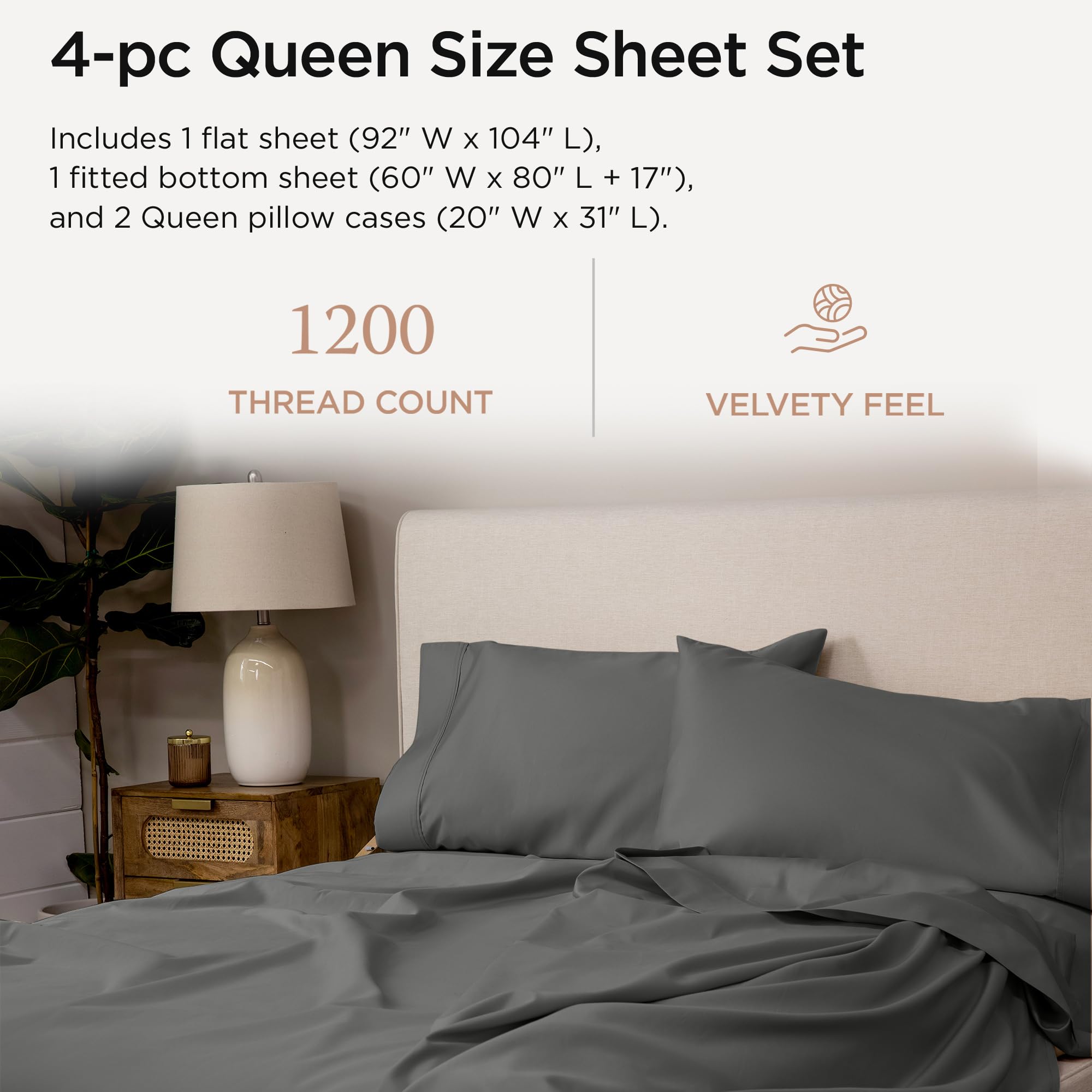 Luxury 100% Supima Cotton Sheets Queen Size - 1200 Thread Count 4-Piece Bed Sheet Set with Deep Pockets (Dark Grey) - 5-Star Hotel Quality for Ultimate Comfort - Perfect for Home, Guest Room & Luxury Hotels