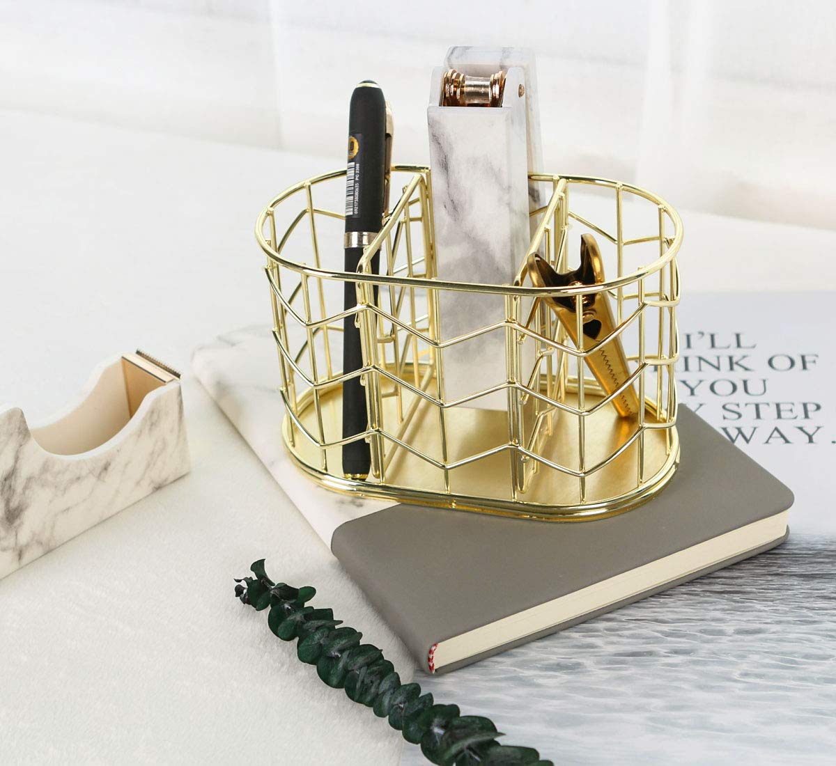 Nugorise 3-Compartment Metal Pen Holder - Gold Desk Organizer for Pencils, Pens & Stationery - Perfect for Office, School & Home Workspace Organization