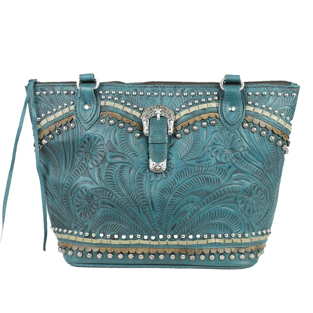 American West Leather Multi Compartment Tote Bag with Purse Holder - Dark Turquoise Buckle Design for Women | Perfect for Work, Travel & Everyday Use