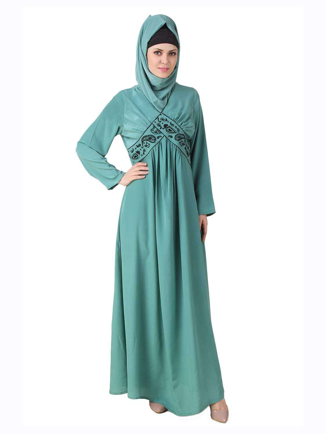 Deeba Maternity Sea Green Crepe Abaya - Modest Muslim Prayer Dress for Pregnant Women | Perfect for Prayer, Mosque Visits & Special Occasions