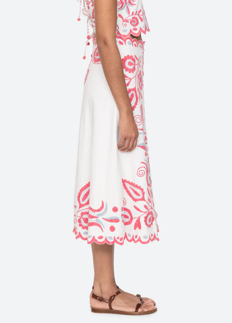 Sea New York Eevi Embroidered Twill Midi Skirt for Women - Floral Stitched A-Line Skirt with Pockets | Perfect for Office, Date Night & Spring Outfits