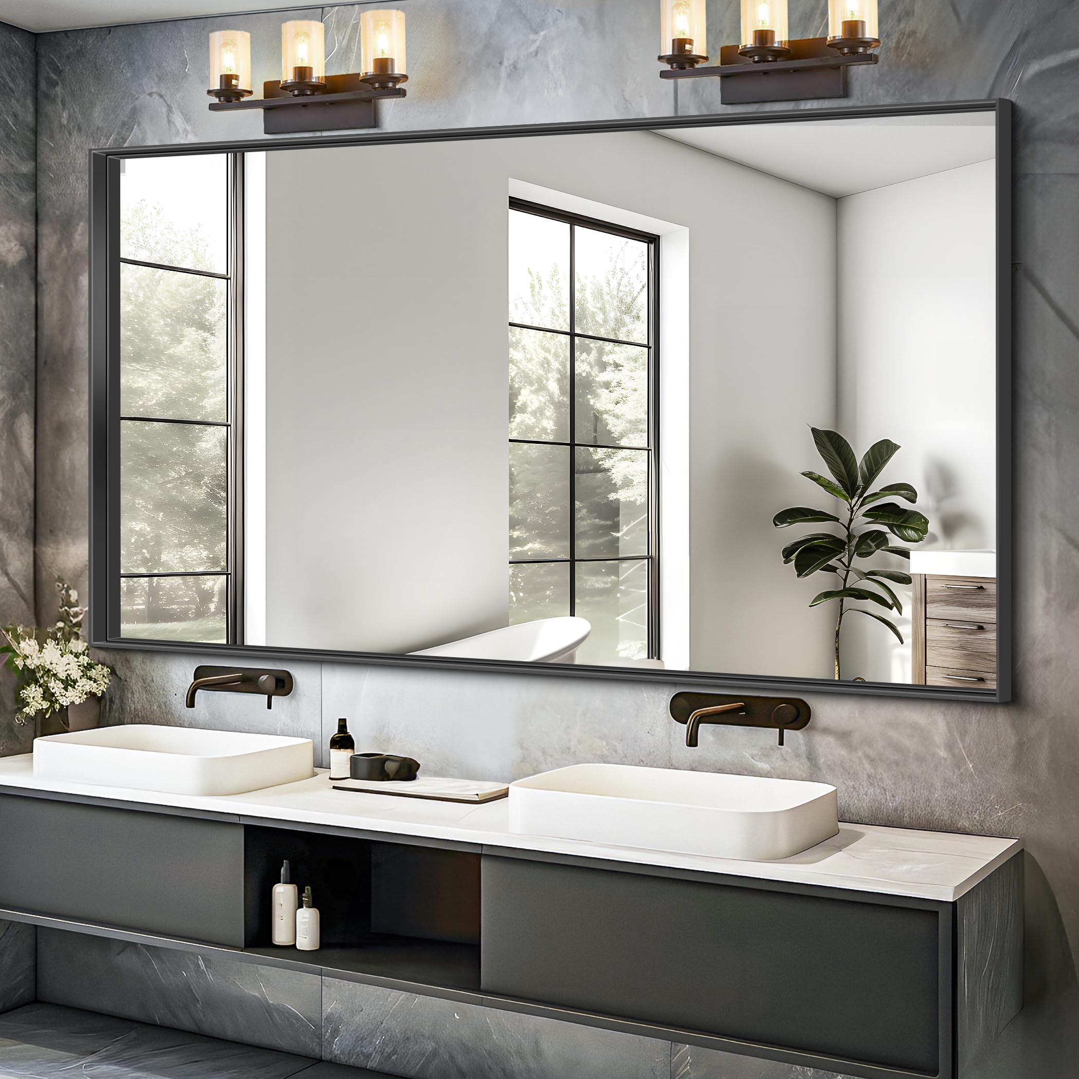 60x36 Inch Large Black Rectangle Bathroom Mirror with Notches Corner - Vanity Mirror for Bedroom, Living Room & Entryway - Horizontal or Vertical Hanging - Perfect for Makeup, Decor & Small Spaces