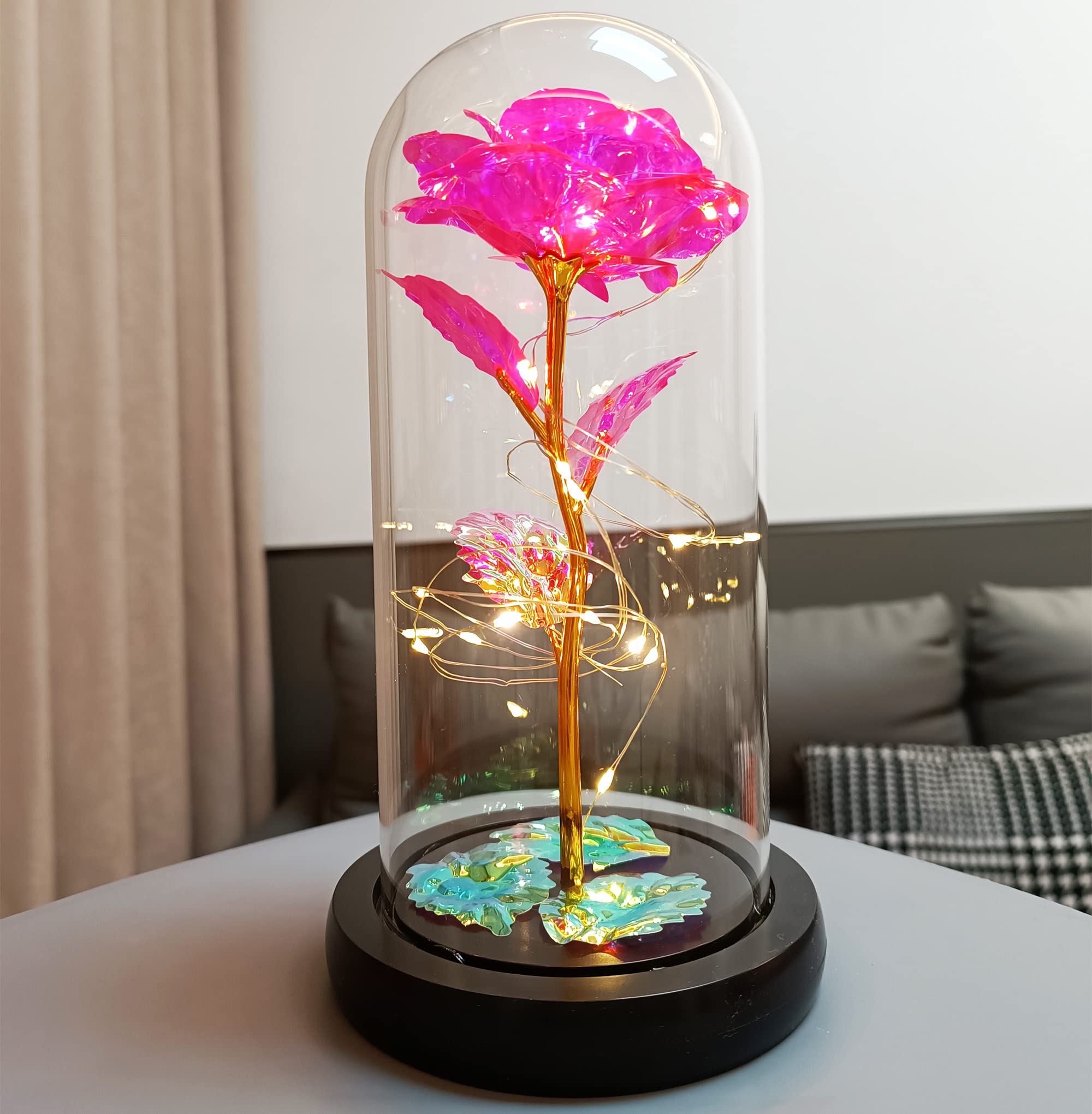 Romantic Valentine's Day Gifts for Her - Pink Rose in Glass Dome with LED Lights, Unique Birthday Anniversary Present for Wife, Girlfriend, Mom | Perfect for Bedroom Decor, Wedding Centerpiece & Special Occasion Gift Giving