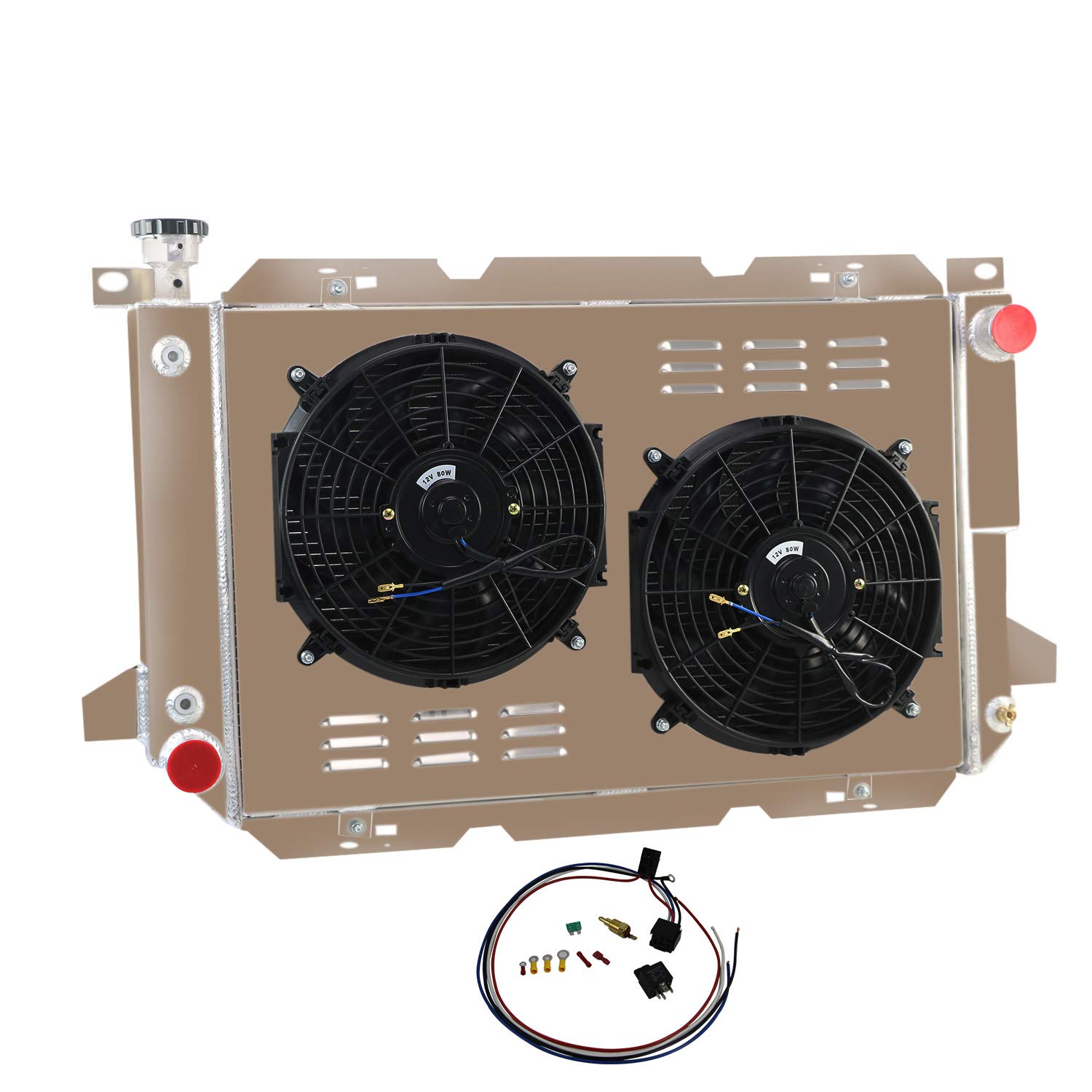 ECMRAD 3-Row Aluminum Radiator for Ford F150 F250 F350 1985-1997 with Shroud Fans & Relay Wire Kit - Fits 5.0L 5.8L 7.5L V8 Engines - Heavy Duty Cooling Solution for Towing & Off-Road Use