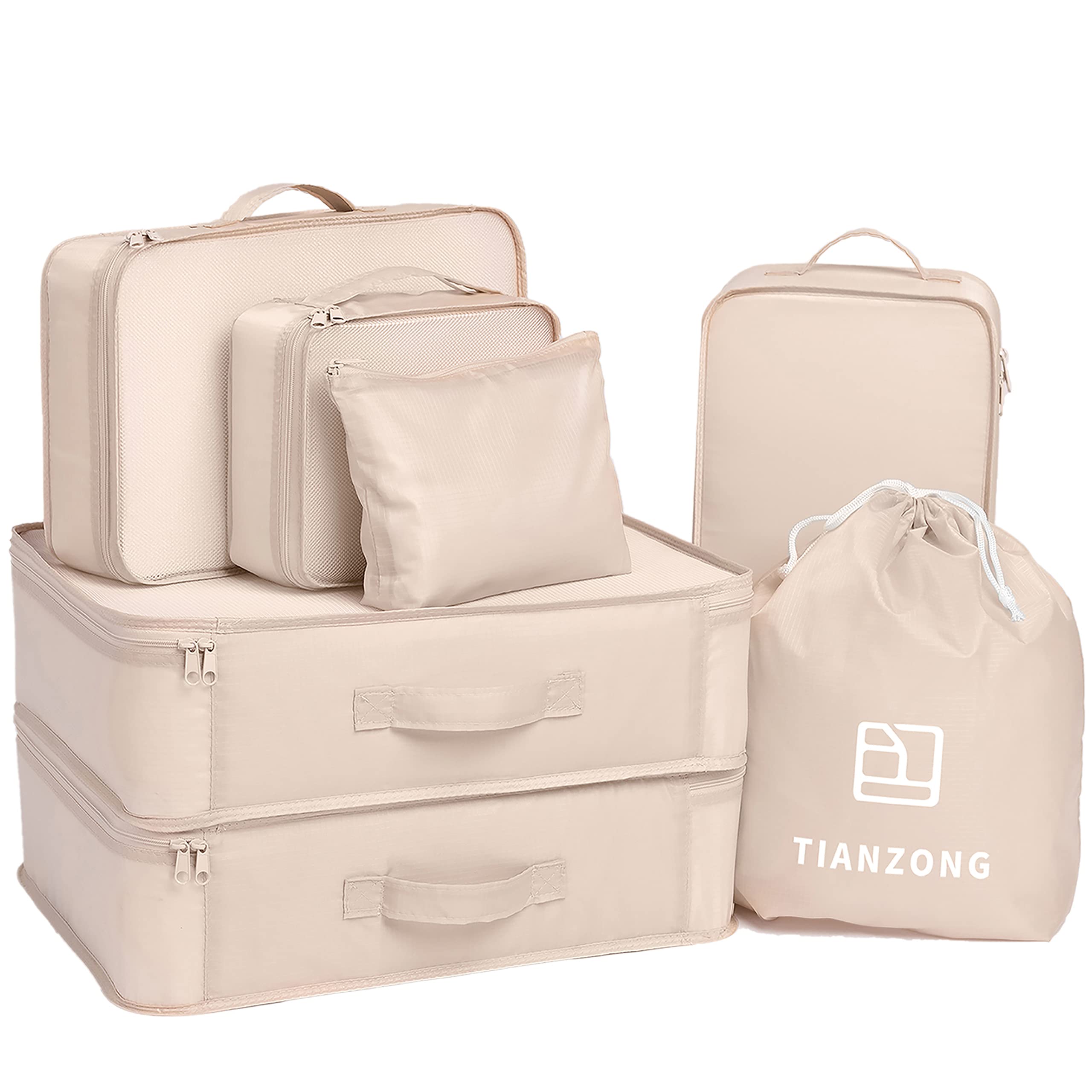 Tianzong 7-Piece Packing Cubes Set – Lightweight Travel Organizers with Shoe Bag for Luggage & Suitcases (Beige) | Perfect for Business Trips, Vacations & Weekend Getaways