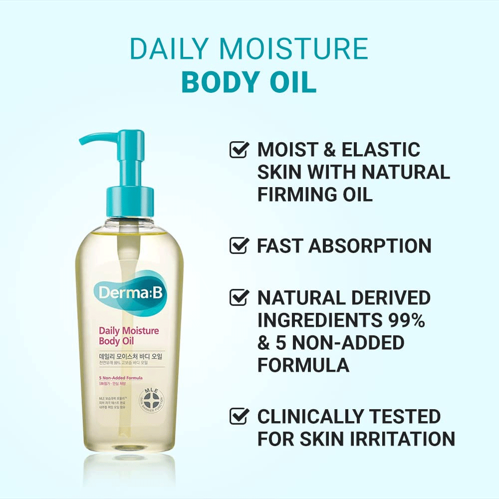 Derma:B Daily Moisture Body Oil 200ml - Hydrating Skin Care for Dry Skin - Perfect for Post-Shower & Massage Use