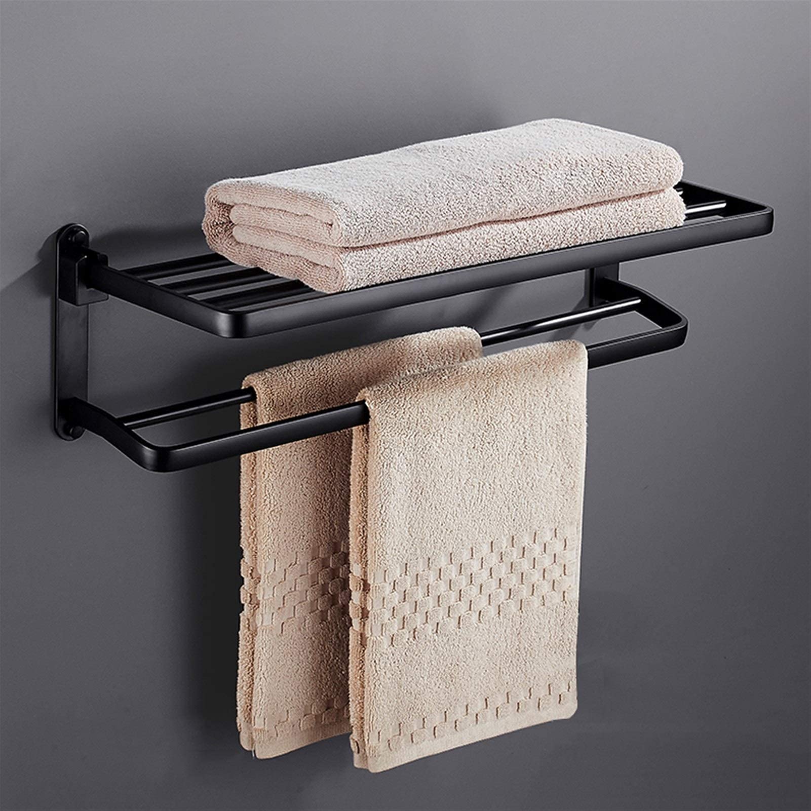 Stainless Steel Wall Mounted Towel Rack - Matte Black Double Towel Holder (40cm) for Bathroom & Kitchen - Space Saving Bath Towel Bar with Shelf - Perfect for Small Spaces, Apartments, and Modern Home Decor