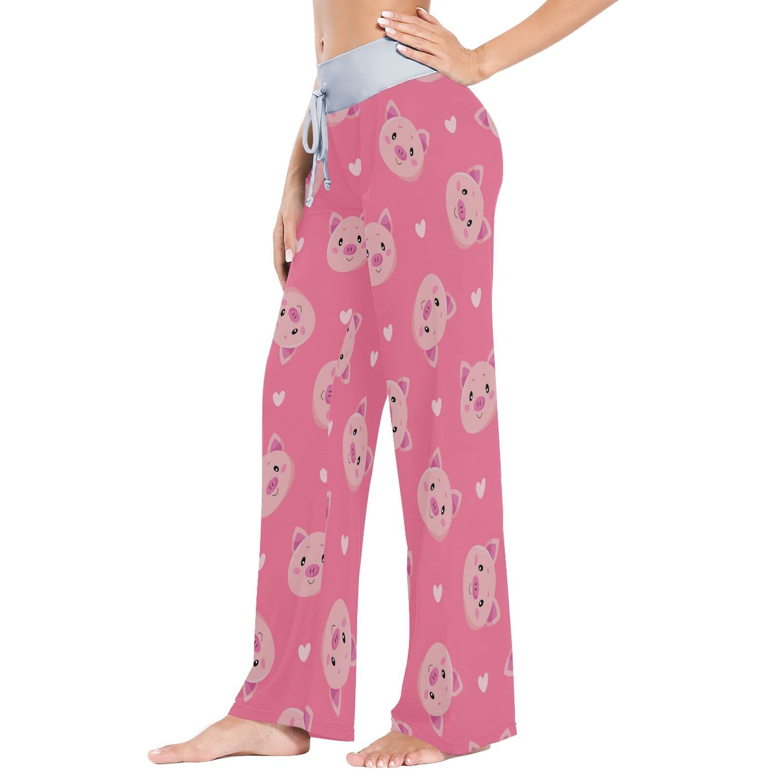 Stylish Pink Cartoon Pig Print Wide Leg Pajama Pants for Women - Soft Lounge Sleepwear & Comfortable Loungewear for Home, Sleepovers and Relaxation