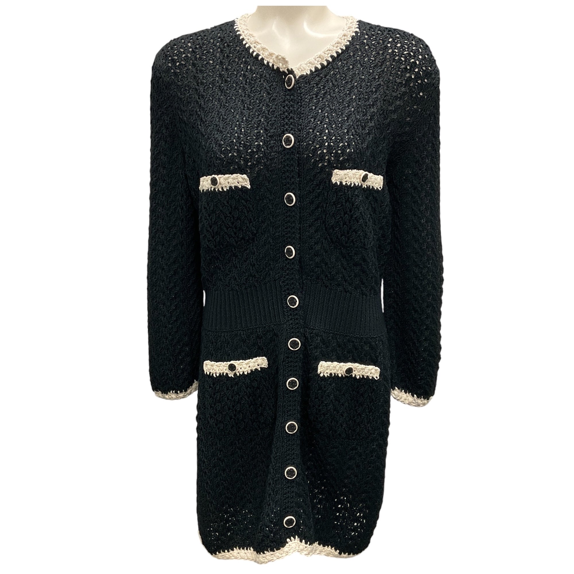 Chanel Black & White 2022 Open Front Knit Cardigan Sweater Dress for Women | Elegant Loungewear & Casual Outfit for Fall & Winter Seasons
