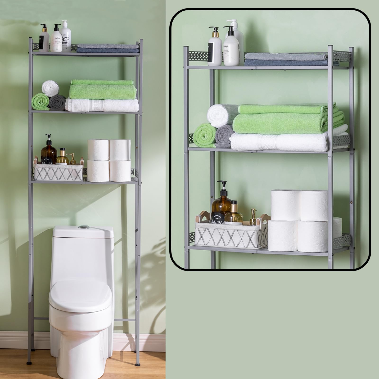 Over The Toilet Storage Shelf - Space Saving Bathroom Organizer with Metal Frame in Light Grey | Perfect for Small Bathrooms, Apartments & Powder Rooms