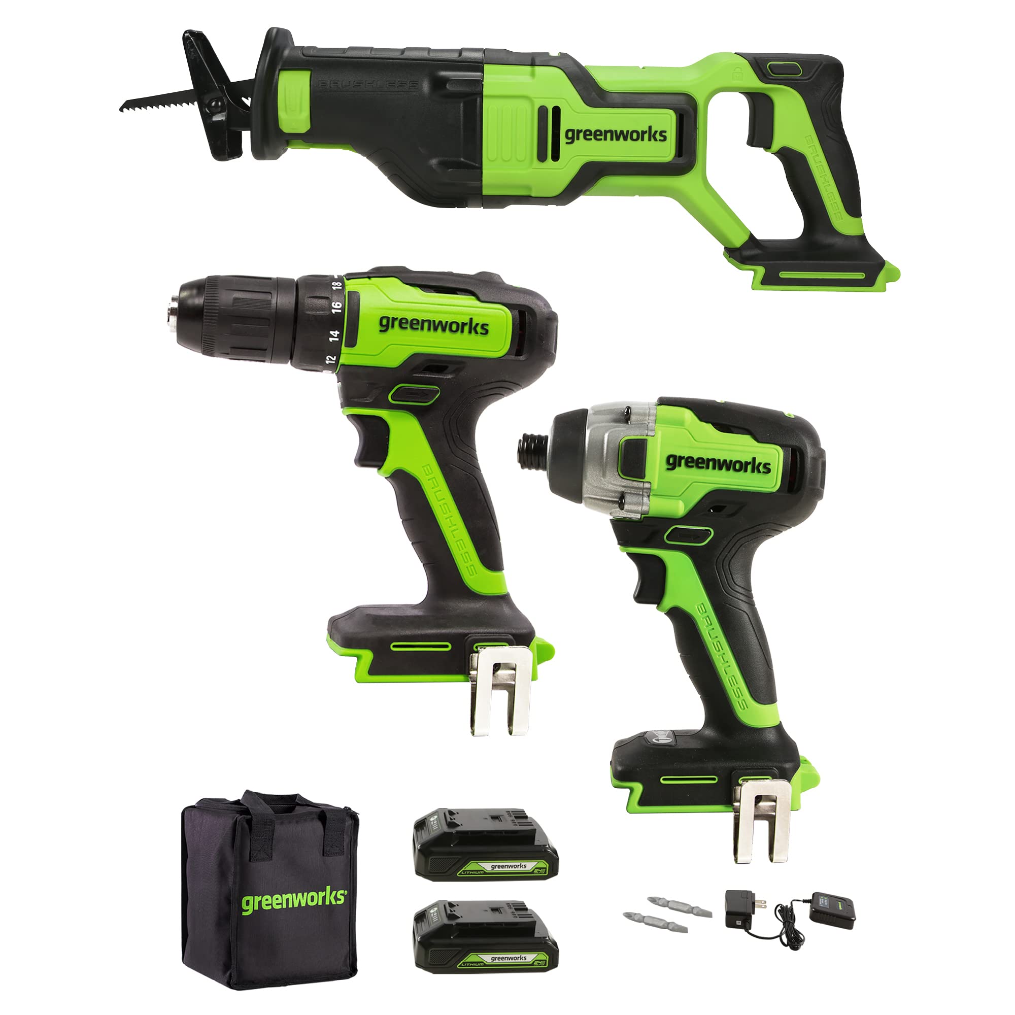 Greenworks 24V Brushless Cordless Drill Driver & Impact Driver Combo Kit with Reciprocating Saw, Includes (2) 2Ah USB Lithium-Ion Batteries & Charger - Perfect for DIY Home Projects, Woodworking, and Professional Construction Work