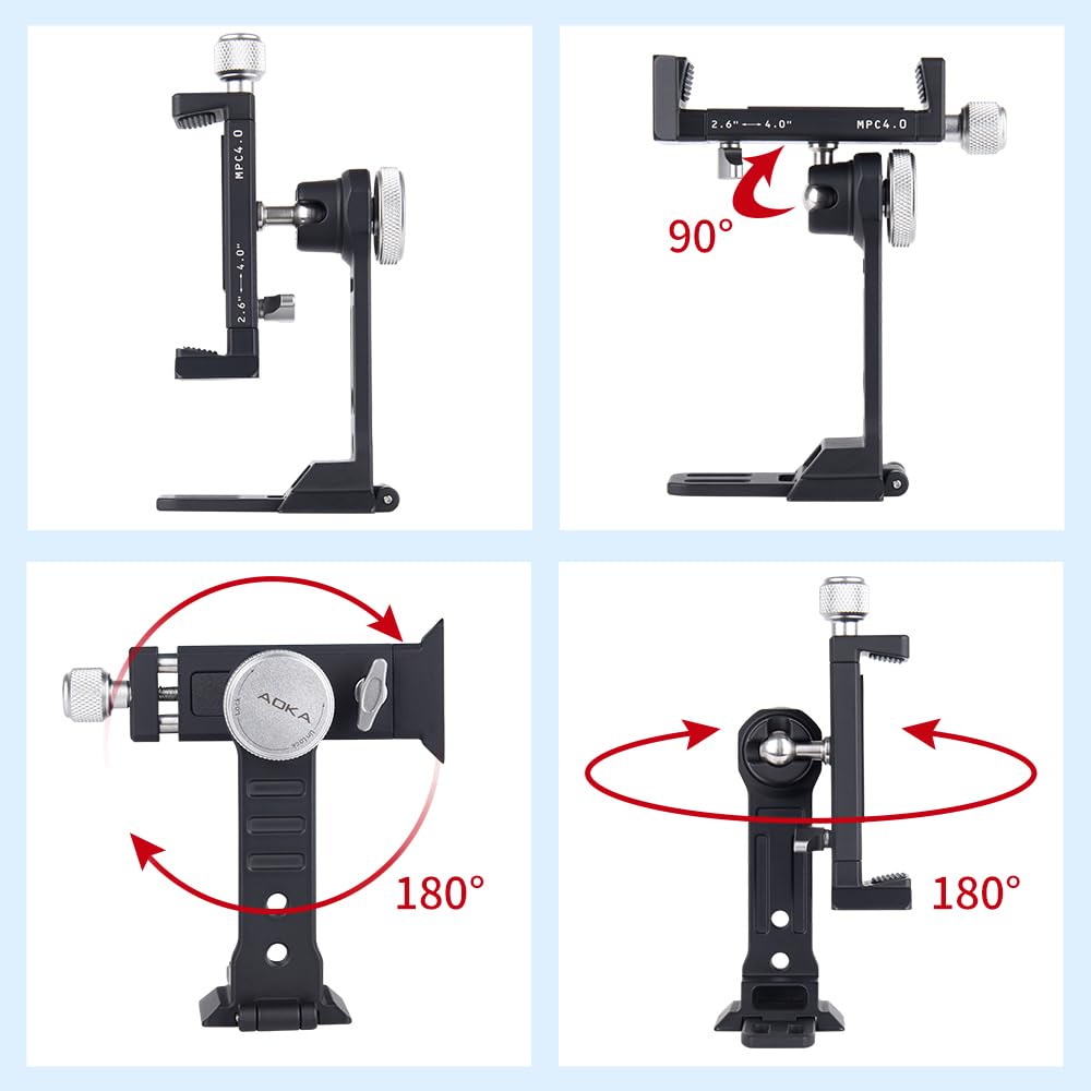 AOKA Metal Phone Tripod Mount - Arca Compatible Base with Cold Shoe | 360° Swivel & 180° Tilt Adjustable | Multiple 1/4