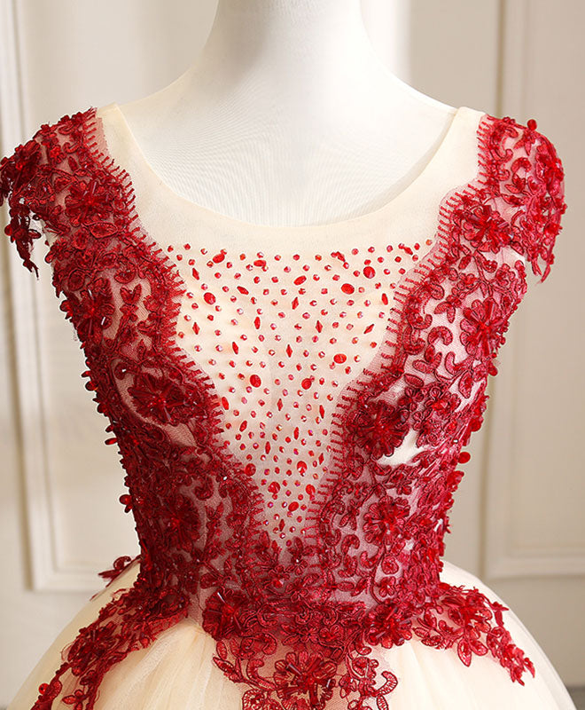 Elegant Burgundy Tulle Beads Lace Long Prom Dress for Sweet 16 Party - Perfect for Homecoming, Quinceañera & Formal Evening Events