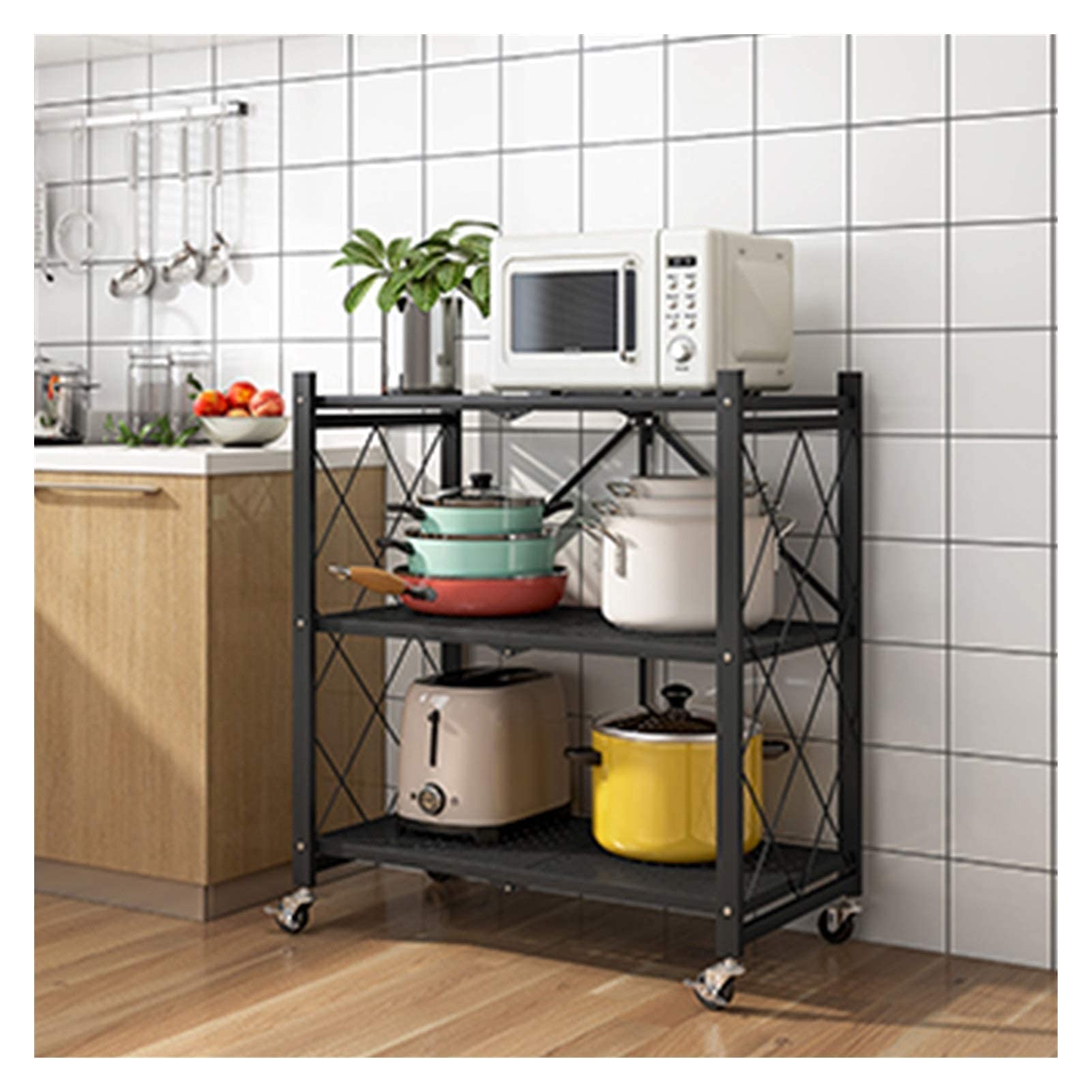 Foldable Metal Storage Shelves with Wheels - 71.5x34x78cm Black Kitchen Rack for Living Room, Balcony & Home Organization | Space-Saving Storage Solution for Small Apartments & Clutter-Free Spaces