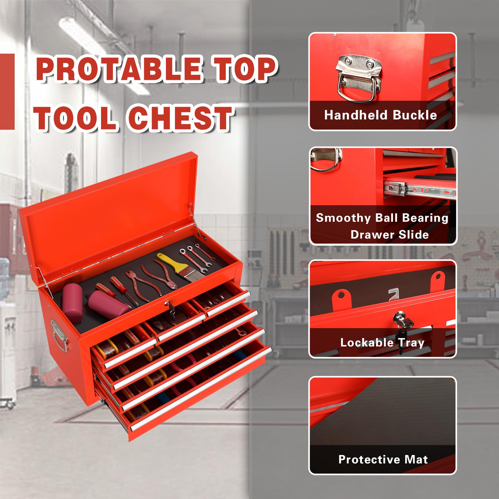 8-Drawer Rolling Tool Chest with Wheels - Heavy Duty Mobile Tool Storage Cabinet with Lockable Drawers & Smooth Gliding Casters - Perfect for Garage, Workshop, Auto Repair & DIY Projects (Red)