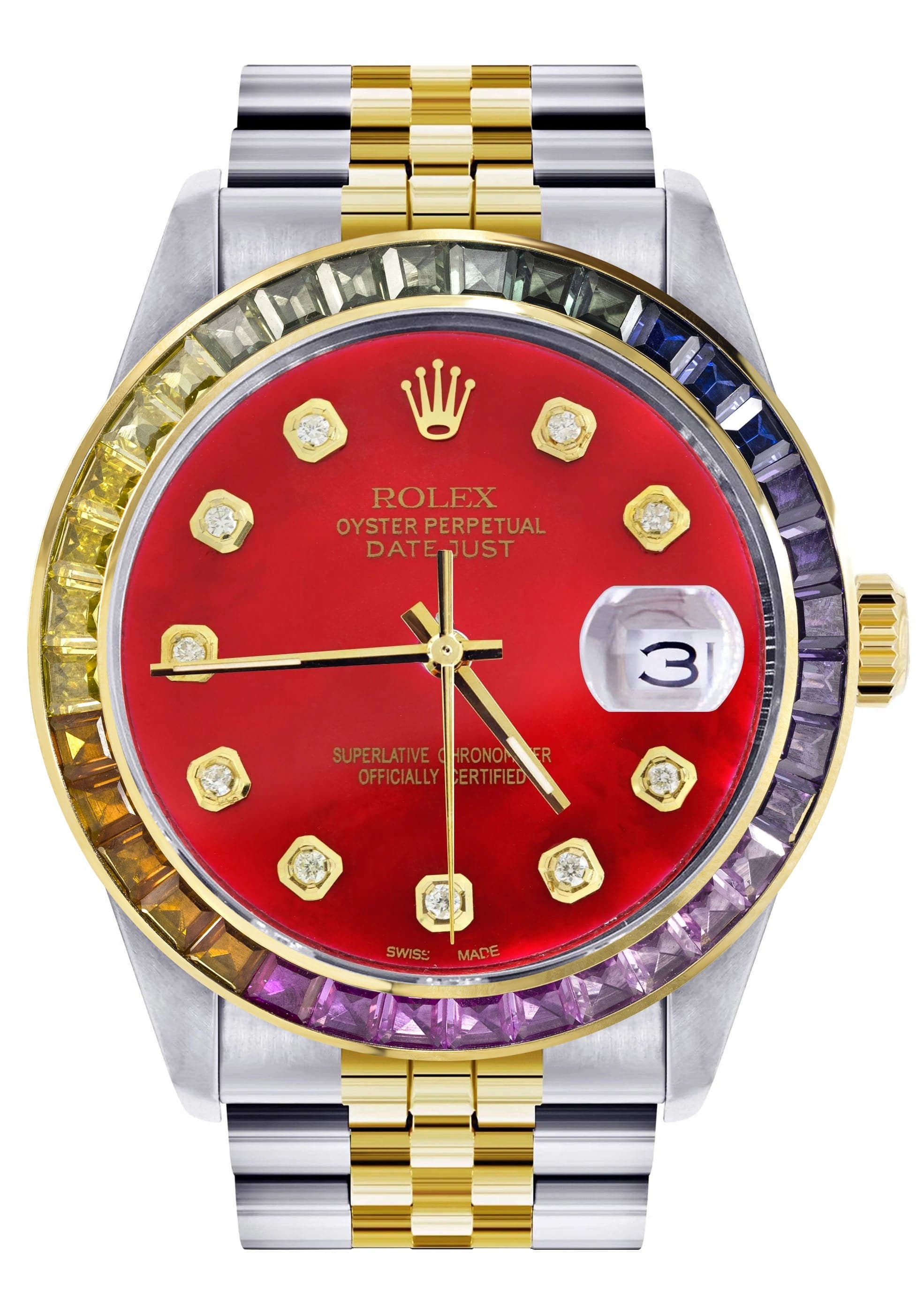 Luxury Diamond Gold Rolex Watch For Men 16233 | 36mm Stainless Steel | Rainbow Sapphire Bezel | Red Dial | Jubilee Bracelet | Perfect for Gifts, Weddings & Special Occasions