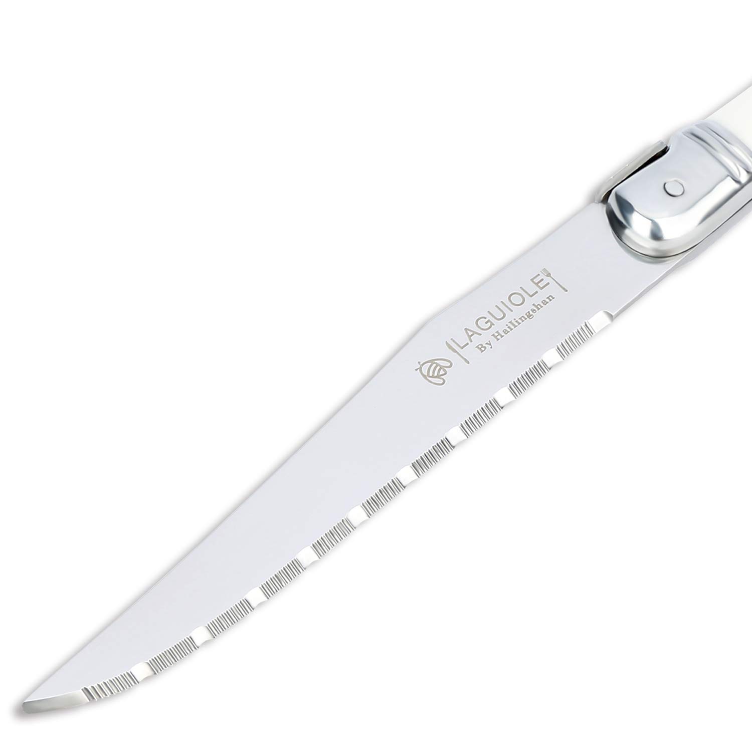 Premium 8-Piece Steak Knife Set - Hailingshan Serrated Stainless Steel Blades, Dishwasher Safe & Razor Sharp - Elegant Laguiole Design with White Plastic Handle - Perfect for Dinner Parties, BBQ, and Steakhouse-Style Dining at Home