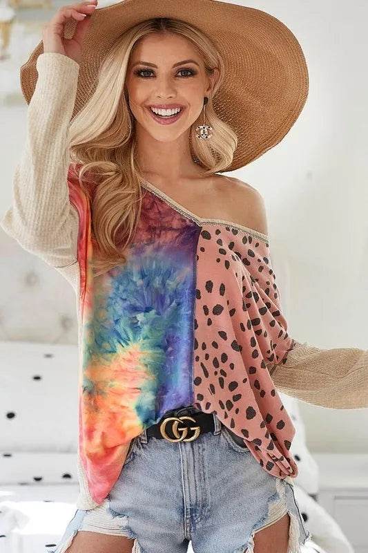 Bibi Print Block V Neck Top With Contrast Stitching In Blush | Flowy Casual Blouse for Women | Perfect for Office Wear, Date Nights & Summer Outfits