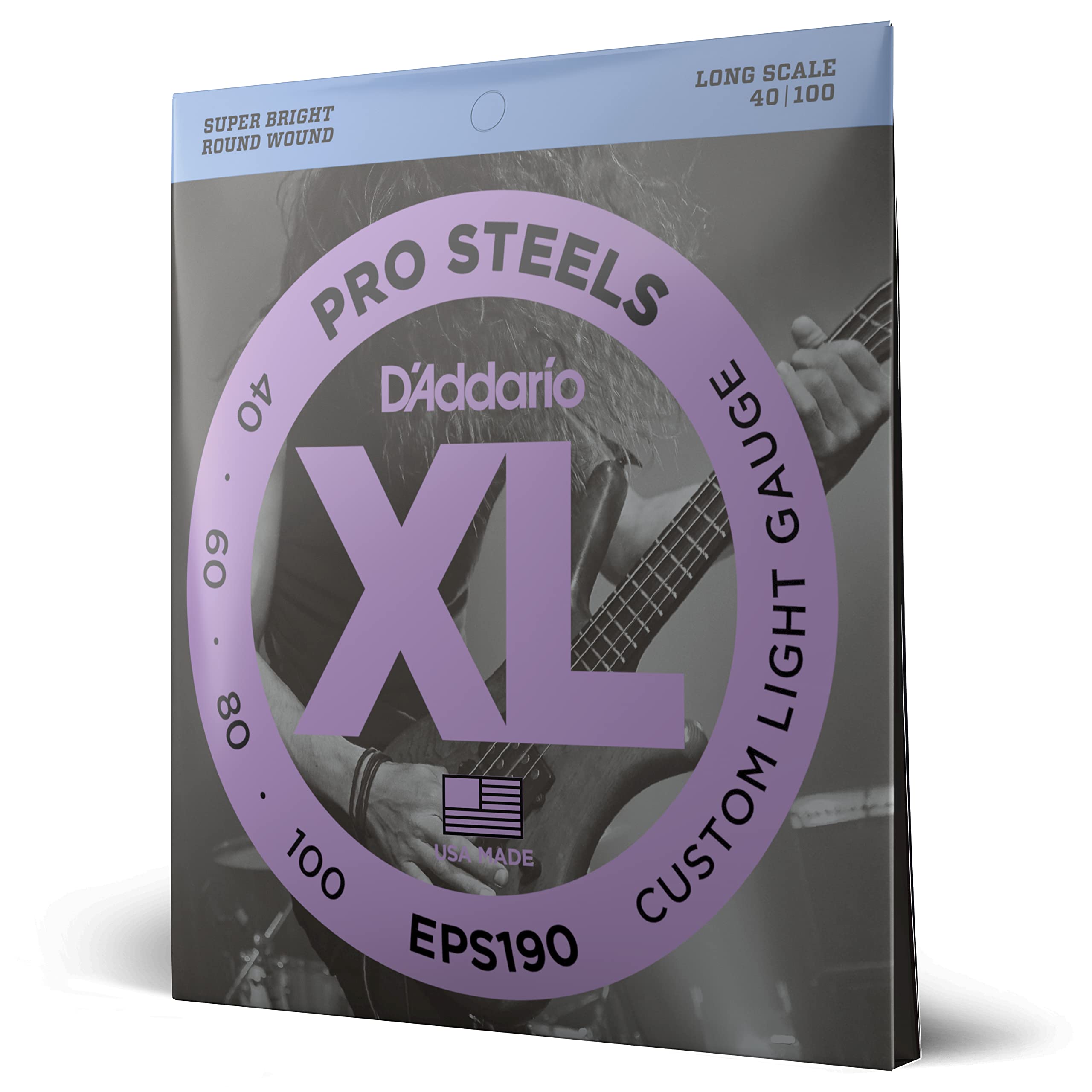 D'Addario XL Pro Steels EPS190 Bass Guitar Strings - Long Scale, Custom Light Gauge 40-100, 4-String Set (Pack of 1) - Perfect for Rock, Jazz & Studio Recording Sessions