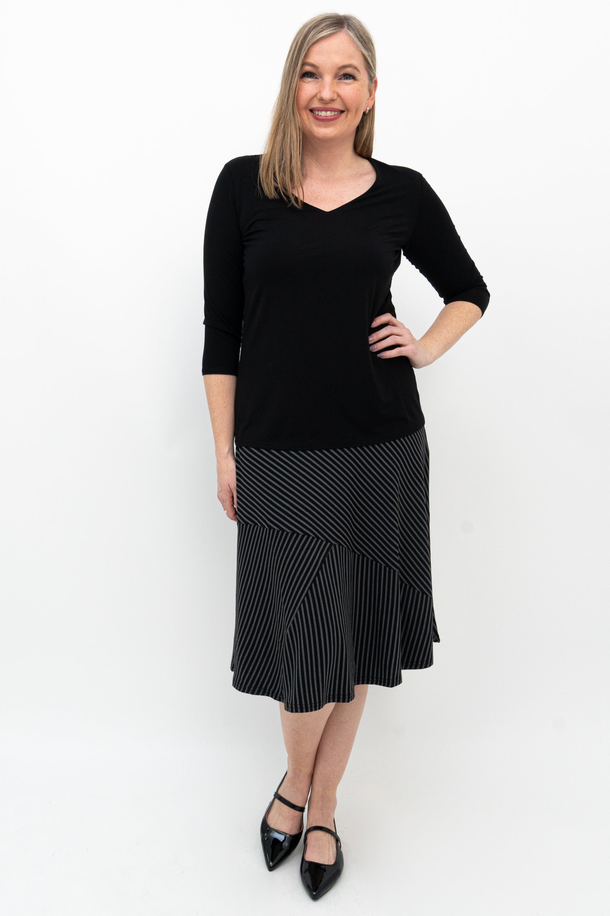 Lillian Skirt - Black & Grey Striped Bamboo Fabric Women's Midi Skirt | Comfortable & Eco-Friendly | Perfect for Office, Date Night & Summer Outfits