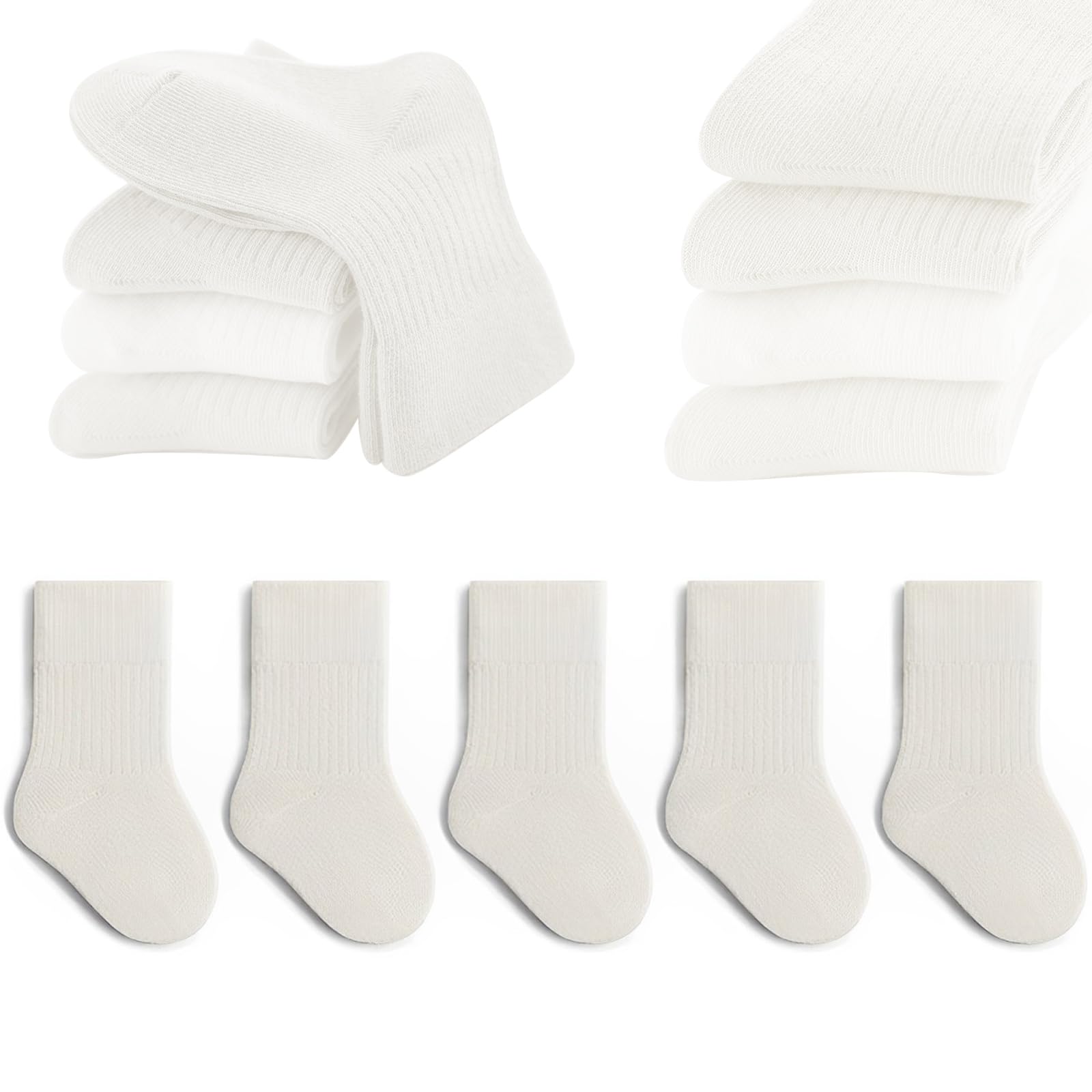 5 Pairs Soft Cotton Toddler Crew Socks - Stretchy Elastic Baby Socks for Boys & Girls - Unisex Solid Color Kids Socks for Everyday Wear, Playtime & School