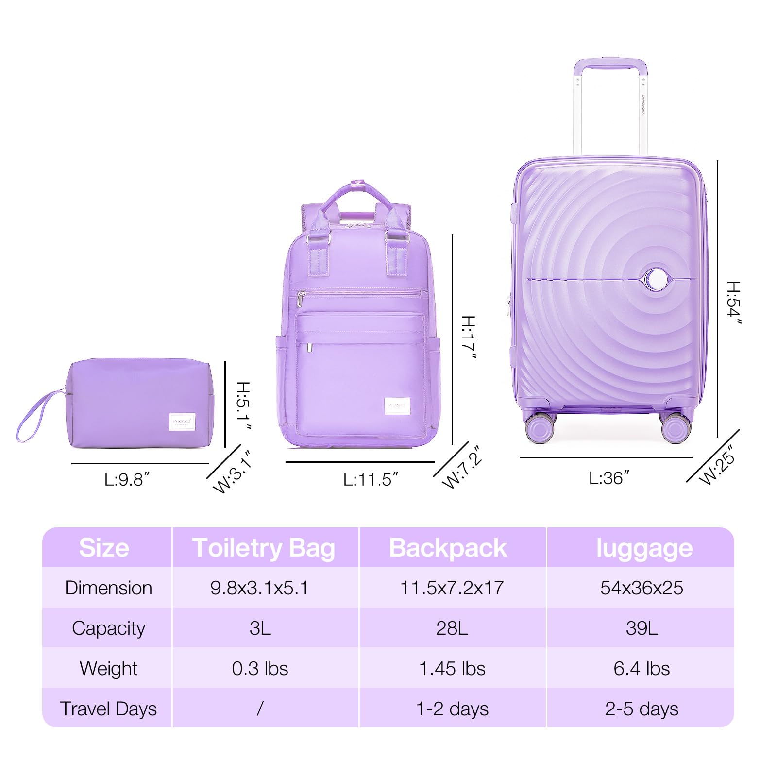 3-Piece Lavender Hardshell Luggage Set - 20in Carry-On Suitcase with Spinner Wheels & Expandable Design, Includes Travel Backpack - Perfect for Air Travel, Business Trips & Family Vacations (LAVENDER/20/BP/TB)