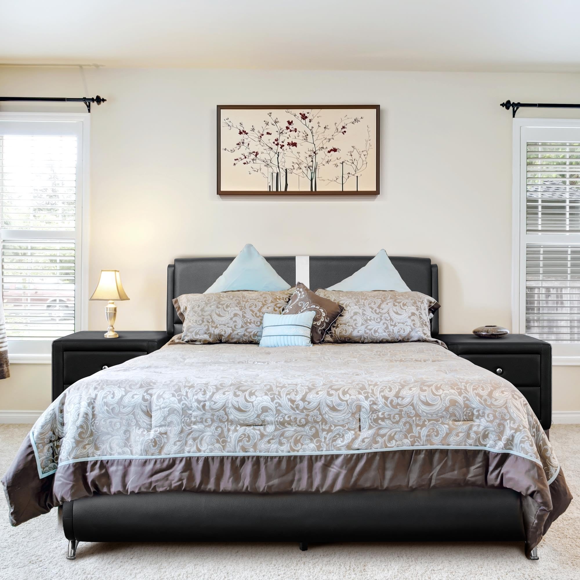 Camden Isle Carlton Queen Size Platform Bed with 2 Nightstands - Black Wooden Bed Frame for Modern Bedroom | Space-Saving Storage Bed with Matching Nightstands