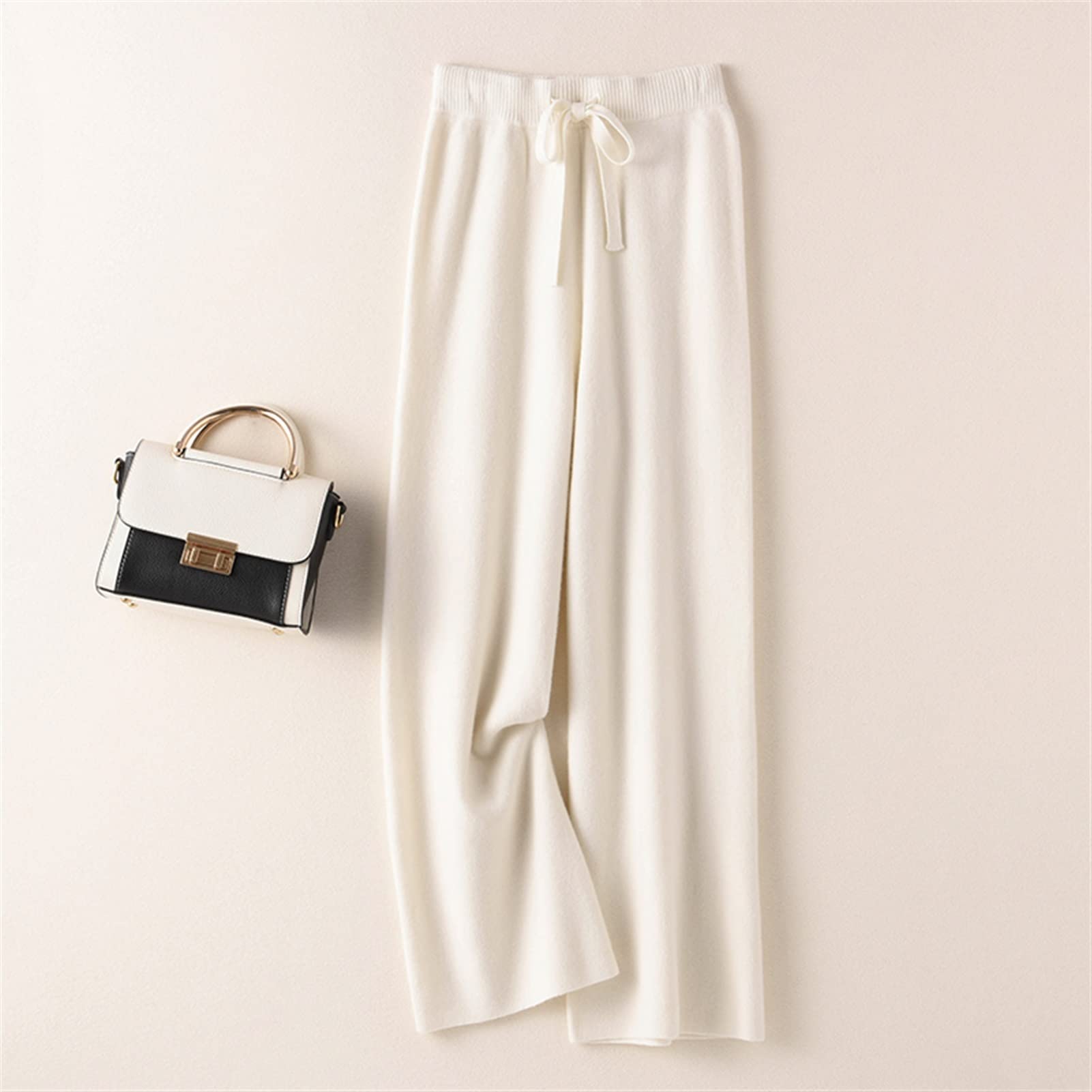 Premium Women's Cashmere High Waist Wide Leg Pants - Soft Winter Knitted Wool Trousers for Ladies (Milky White, X-Large) | Comfortable Lounge Wear & Office Casual Pants