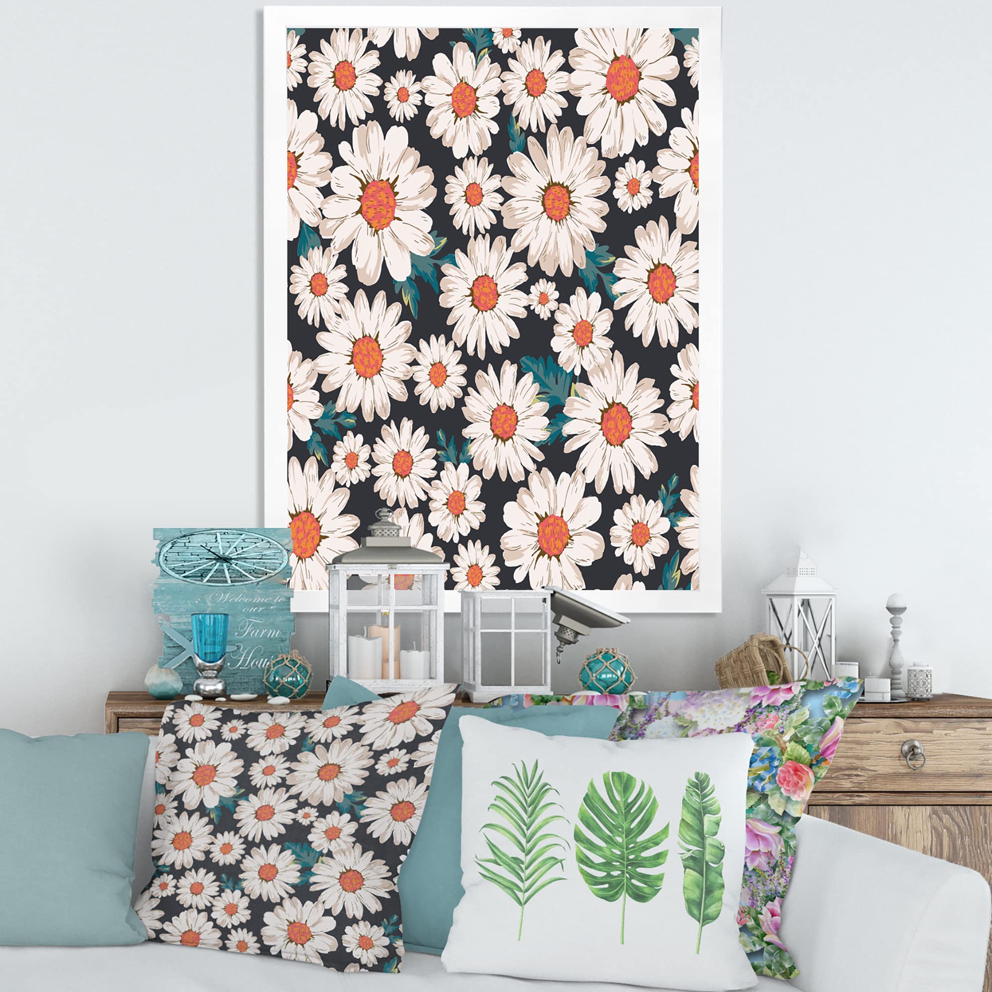 DesignQ White Daisy Flowers Framed Wall Art - Traditional Home Decor for Living Room, Bedroom & Office