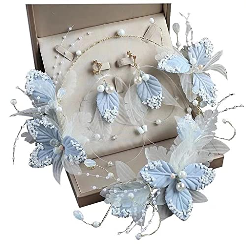 Light Blue Lace Headdress with Flower Leaf Design - Bridal Hair Accessories Set Including Headband, Necklace & Earrings for Weddings, Prom & Special Occasions