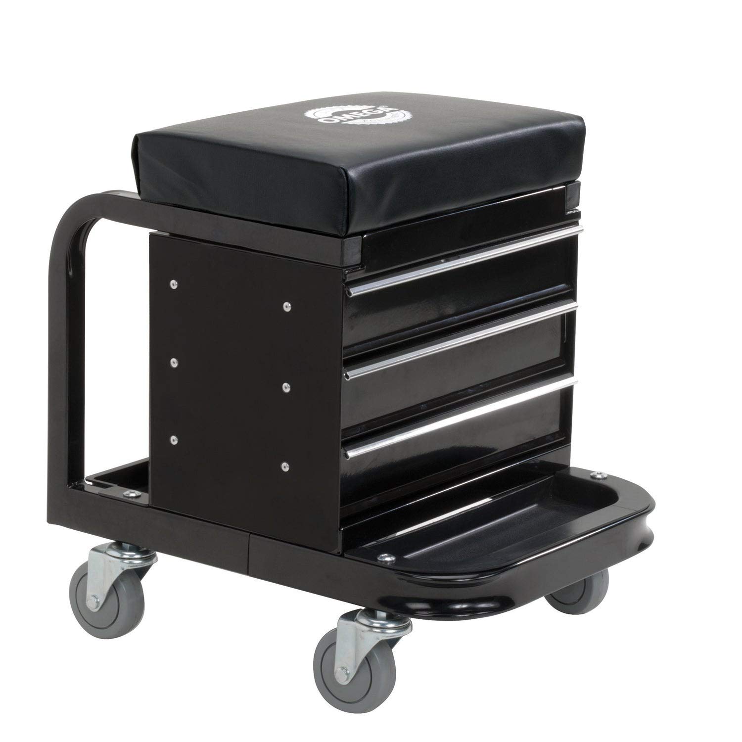 Omega-Lift Heavy Duty Rolling Mechanic Stool with Wheels & Tool Storage - 450 lbs Capacity Garage Stool with Padded Seat - Perfect for Auto Repair, Workshop & DIY Projects