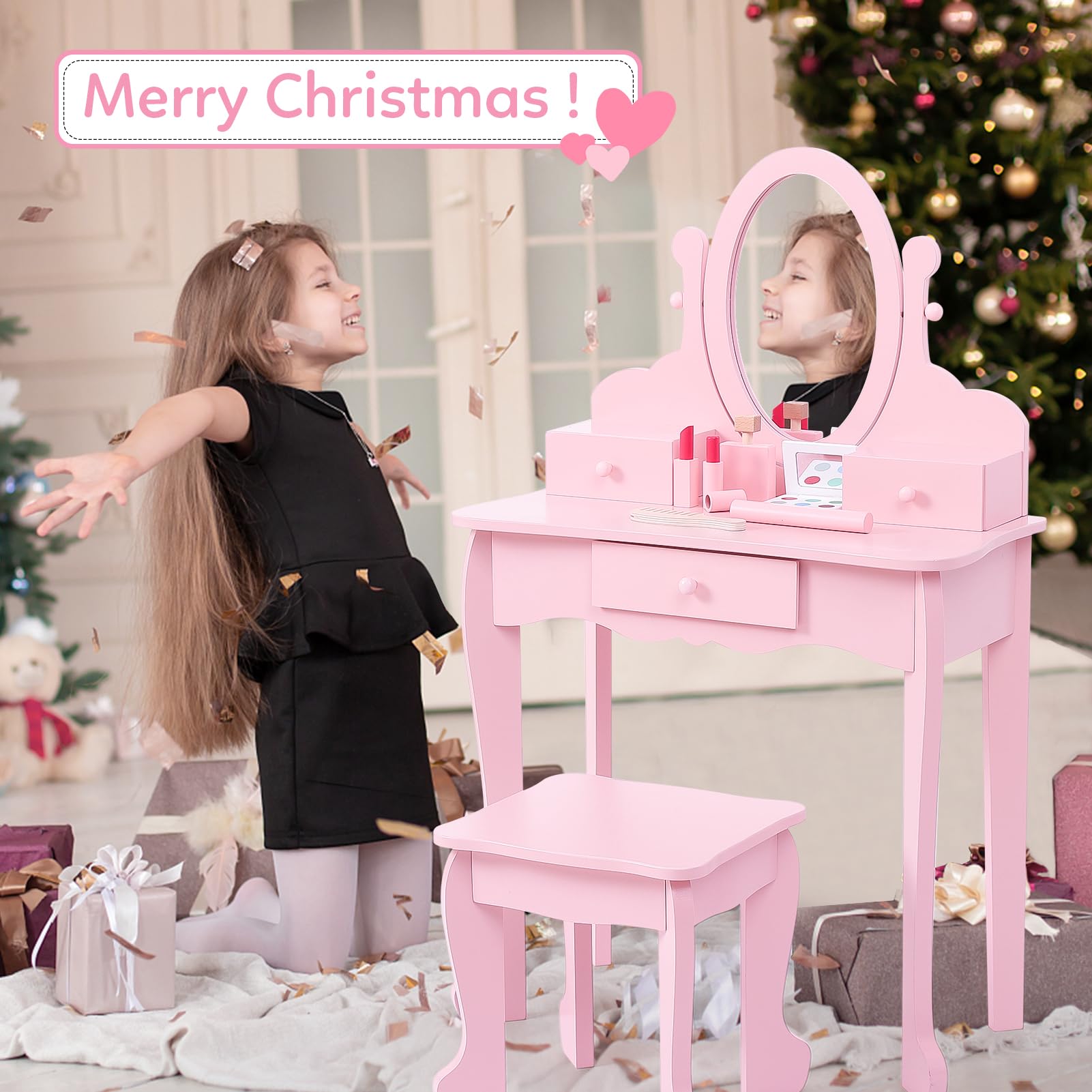 Pink Wooden Kids Vanity Set with Mirror, Makeup Table & Stool for Girls Ages 4-9 | Pretend Play Dress Up Station | Birthday Gift for Little Princess | Perfect for Bedroom Decor & Role Play Games