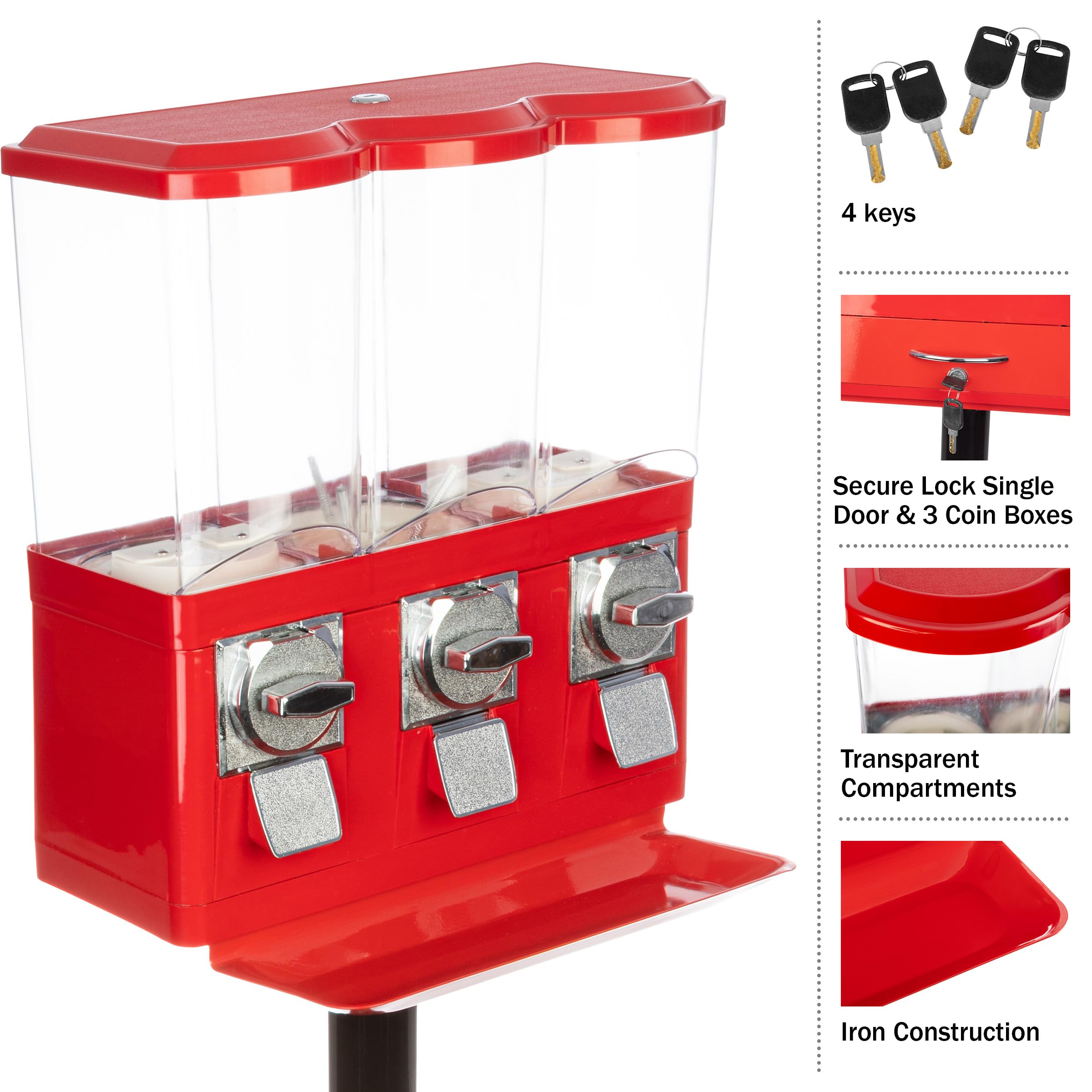 Great Northern Popcorn Triple Candy Vending Machine - Commercial Gumball, Capsule & Candy Dispenser for Business (Red) - Perfect for Retail Stores, Arcades & Party Events