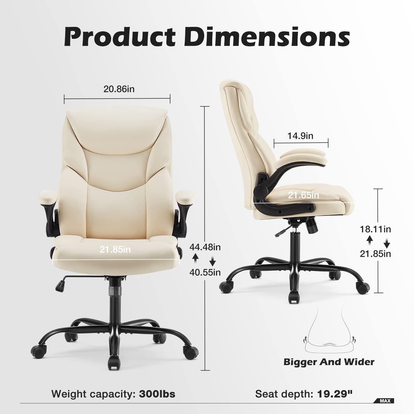 Ergonomic Executive Office Chair with Adjustable Flip-Up Armrests & Lumbar Support - Swivel Computer Desk Chair with Strong Metal Base & PU Leather (White) - Perfect for Home Office, Gaming, and Workspaces