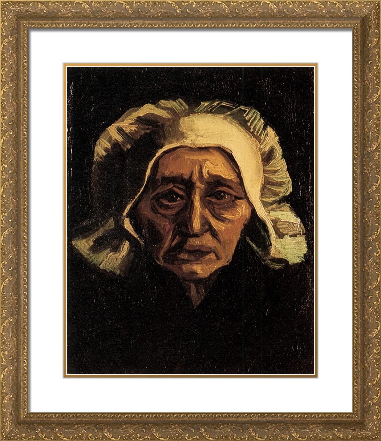 Van Gogh 'Head of an Old Peasant Woman With White Cap' 20x23 Inch Gold Ornate Framed Art Print with Double Matting - Wall Decor for Living Room, Bedroom & Office