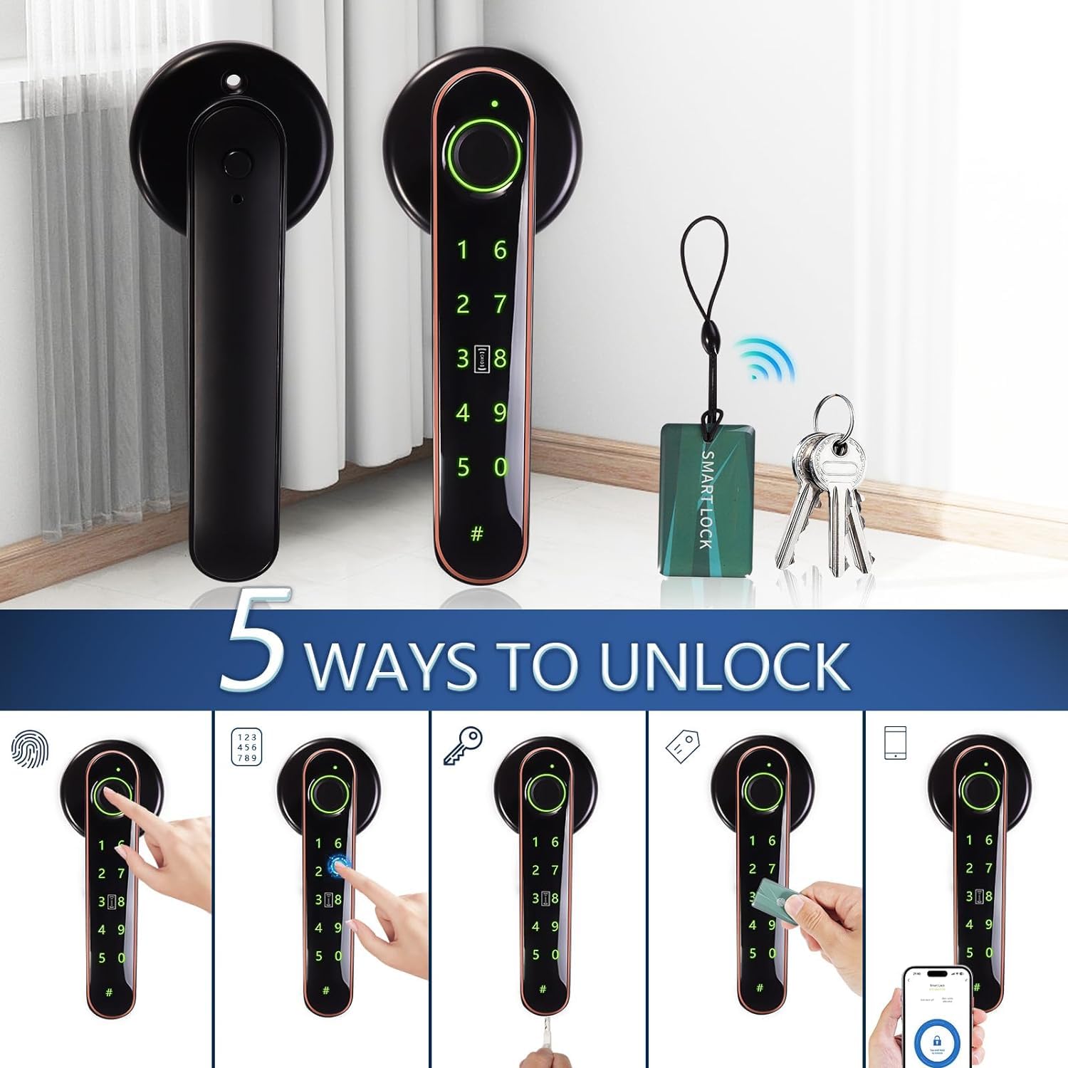 5-in-1 Smart Door Lock - Biometric Fingerprint, APP Control, IC Card & Keypad Entry - Secure Electronic Deadbolt for Home, Office & Hotel Use - Perfect for Smart Home & Vacation Rental Security