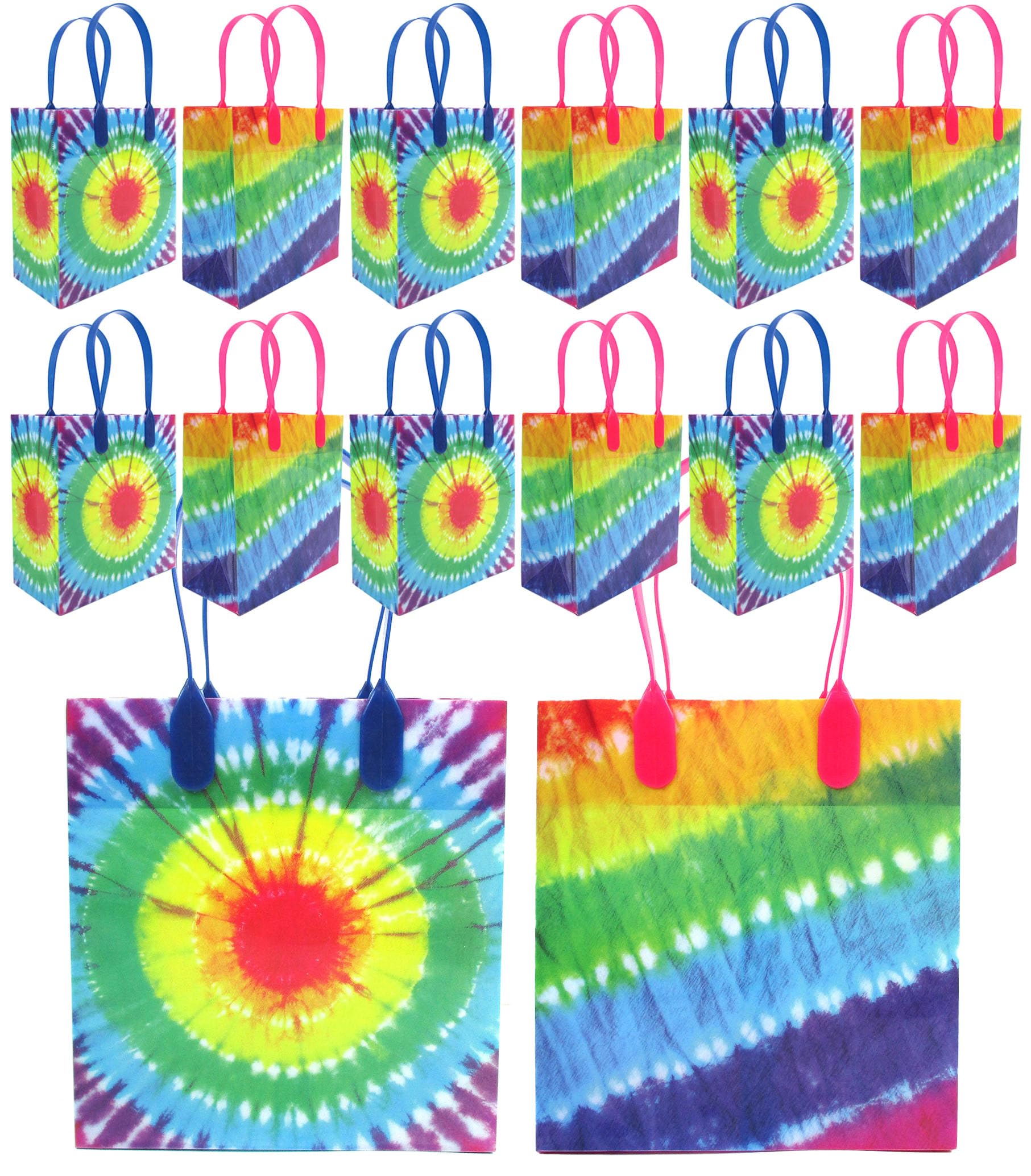 TINYMILLS Rainbow Tie Dye Party Favor Bags - 70s Themed Goodie Bags with Handles for Birthday Parties, Baby Showers & School Events (Pack of 12) - Perfect for Candy, Gifts & Party Favors